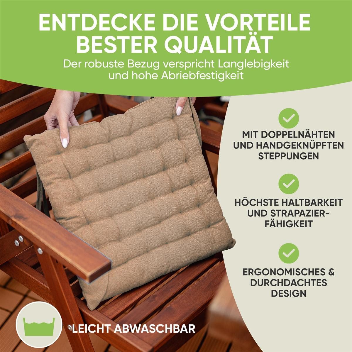 Gräfenstayn Stuhlkissen Stuhl 40×40 cm – Sitzkissen 4er‑Set Baumwolle, robustes Sitzkissen für Indoor & Outdoor, mit Haltebändern