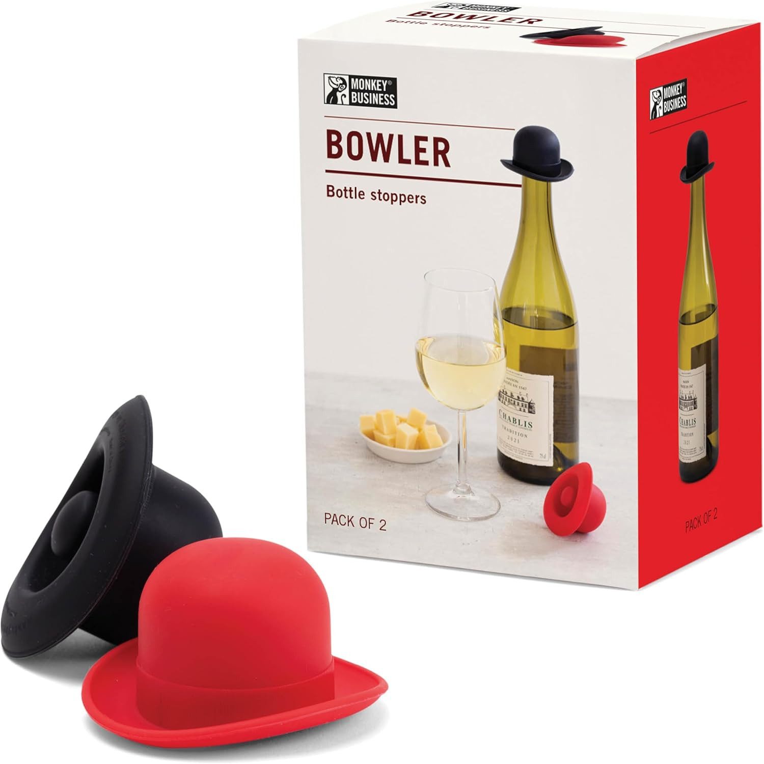 Monkey Business Flaschenverschluss Bowler - Silikon-Weinstopfen verschließt Flaschen - 2er-Set