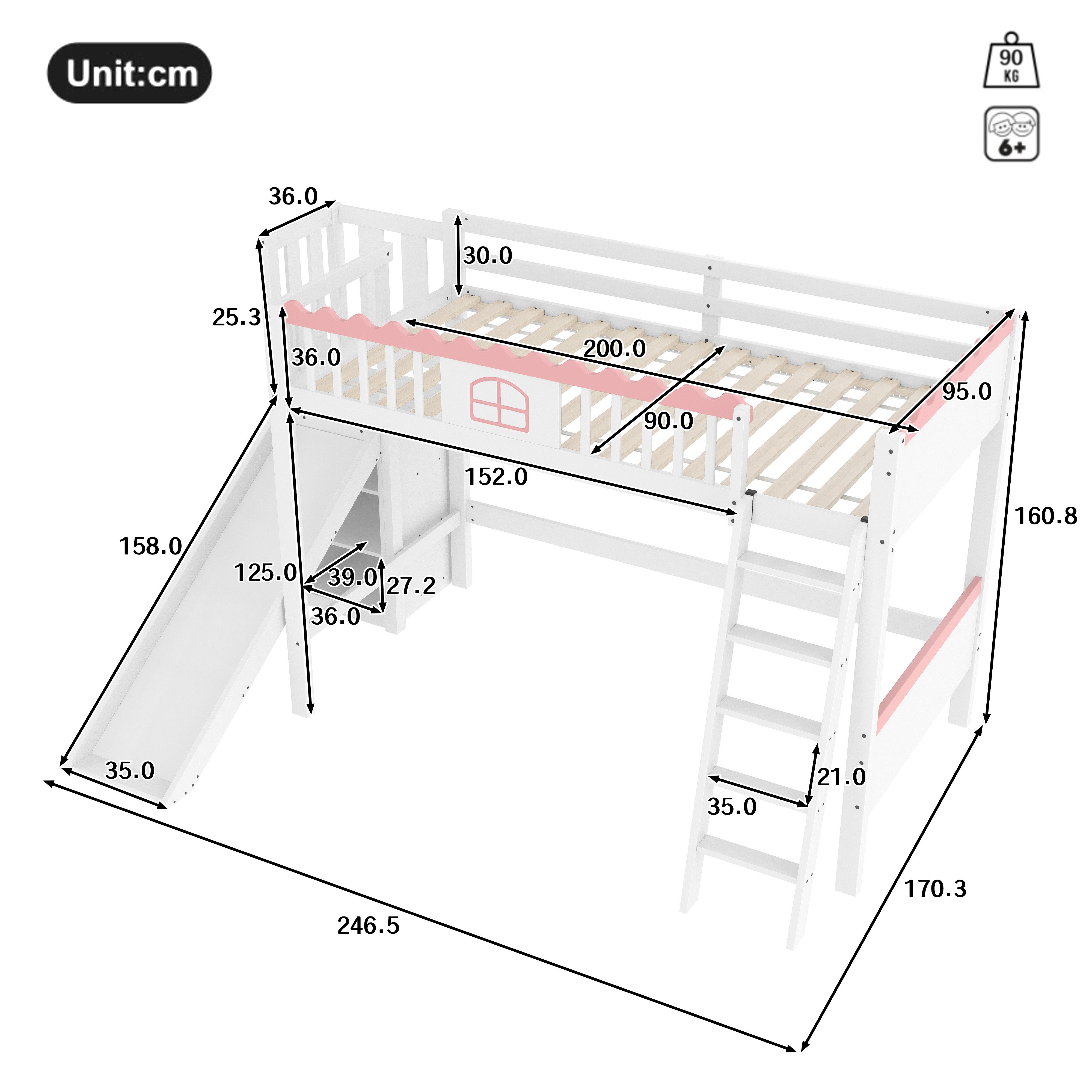Ulife Hochbett Kinderbett Funktionsbett Holzbett mit LED-Leuchten, 90x200cm günstig online kaufen