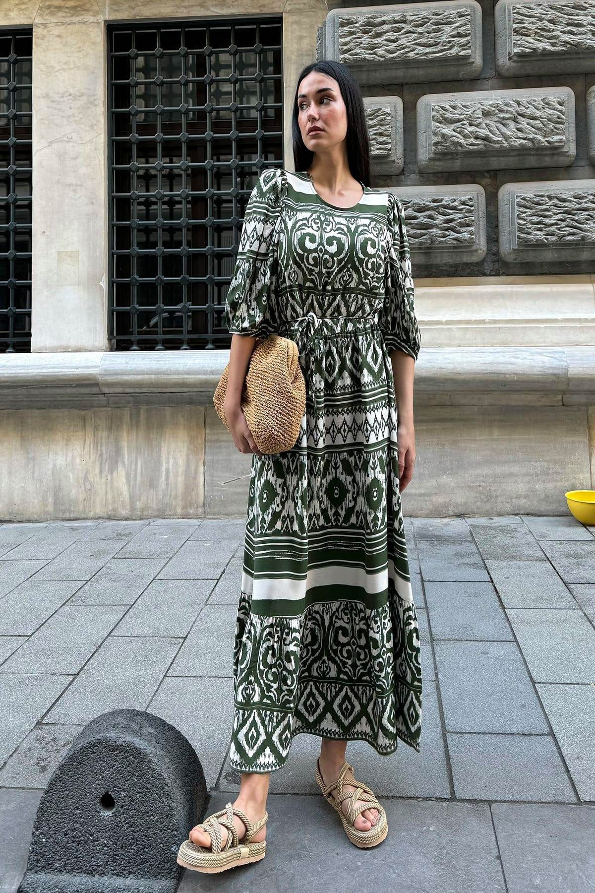 For You Moda Minikleid Natürliche Viskose Muster Lang Grün Kleid