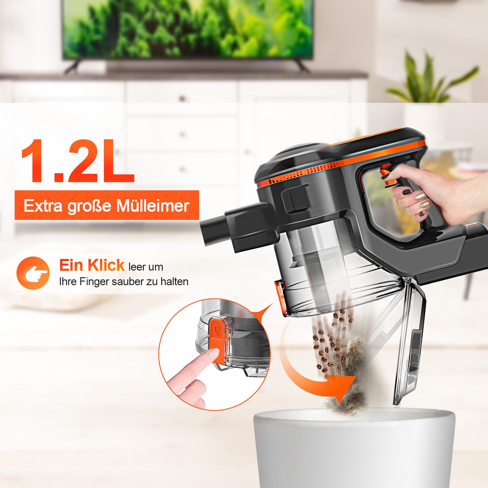 INSE Akku-Hand-und Stielstaubsauger, 50000Pa, AkkuStaubsauger 60 Minuten, 3000mAh, 300 W, Akku Staubsauger, LED-Anzeige, Hochleistungsakku, Staubsauger Kabellos