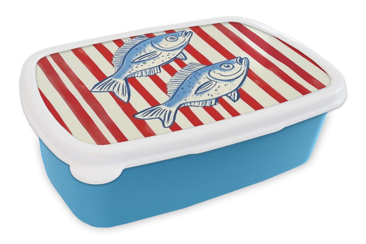 MuchoWow Lunchbox Fisch - Vertikale Streifen - Blau - Rot, Kunststoff, (2-tlg), Brotdose, Lunchbox, Brotbox für Kinder und Erwachsene