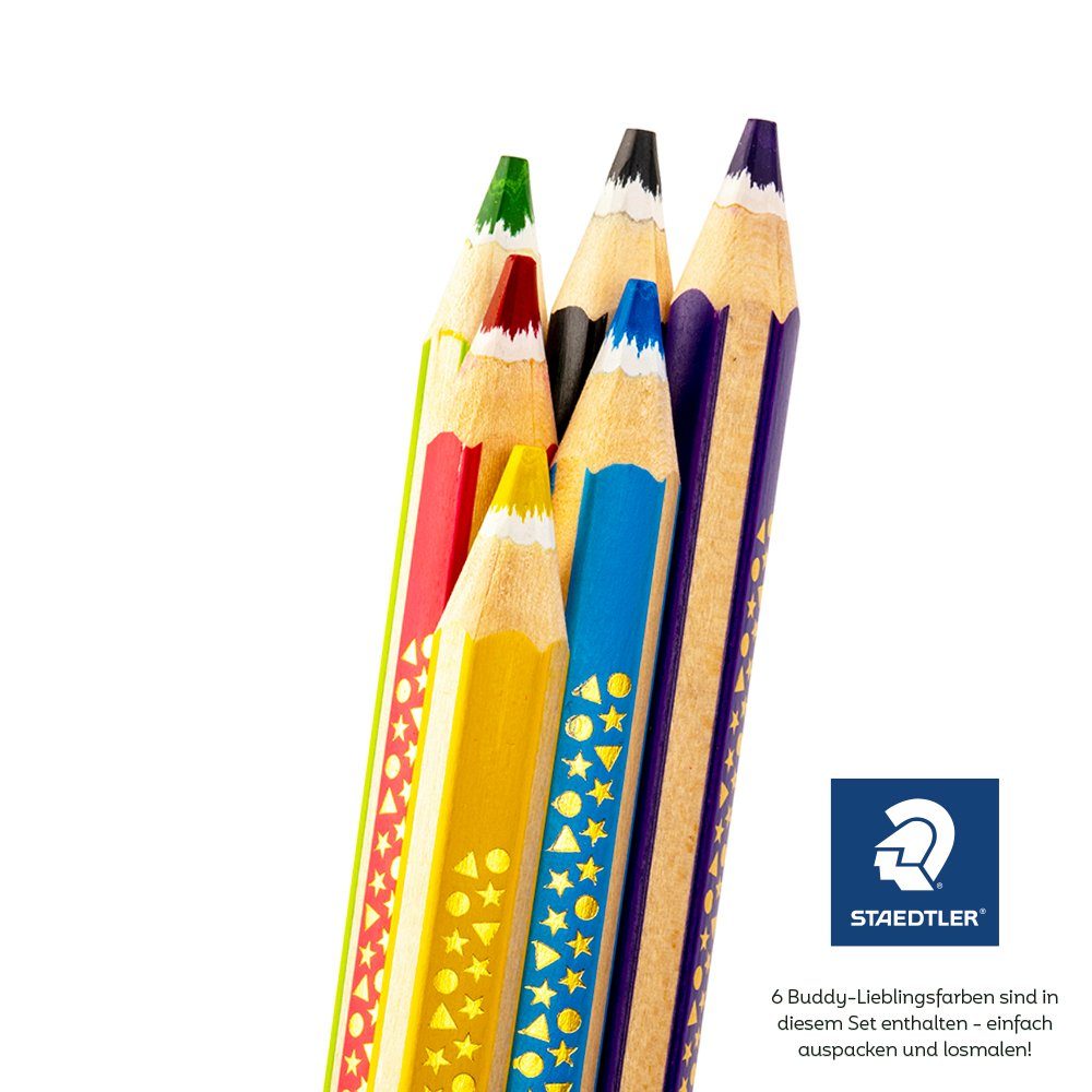 Buddies World Spielfigur Einhorn Fabella Mondschein, wiederbemalbares / abradierbares Spielzeug für Kinder inkl. App - mit 6 hochwertigen Farbstiften - und illustrierten Geschichten