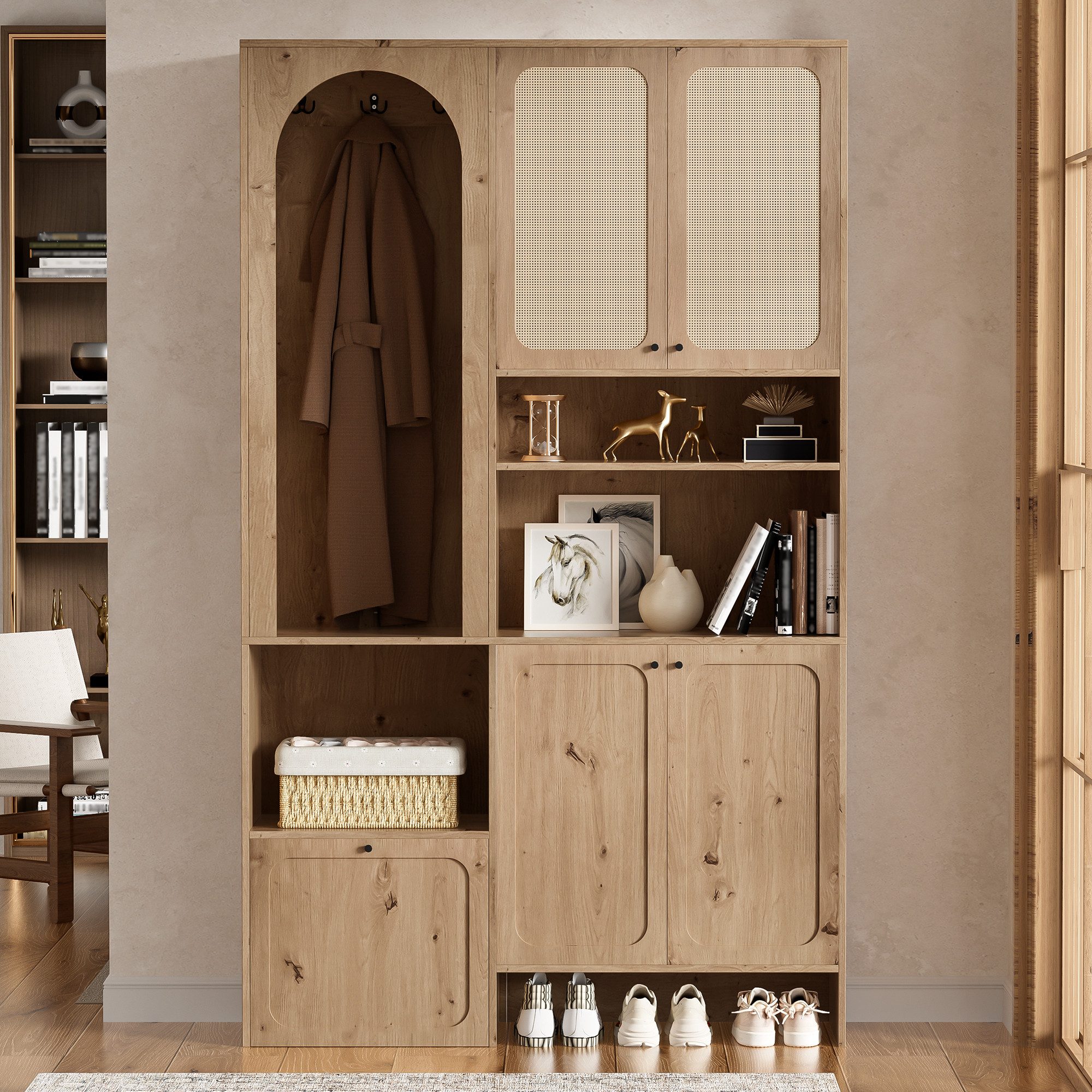 i@home Garderoben-Set Kompakter Flurschrank mit viel Stauraum,offenen Fächern,120x35x200 cm, (Set, 1-St), Garderobenset mit Rattan-Dekor, 4 Türen, Kippfach & Haken, Natur