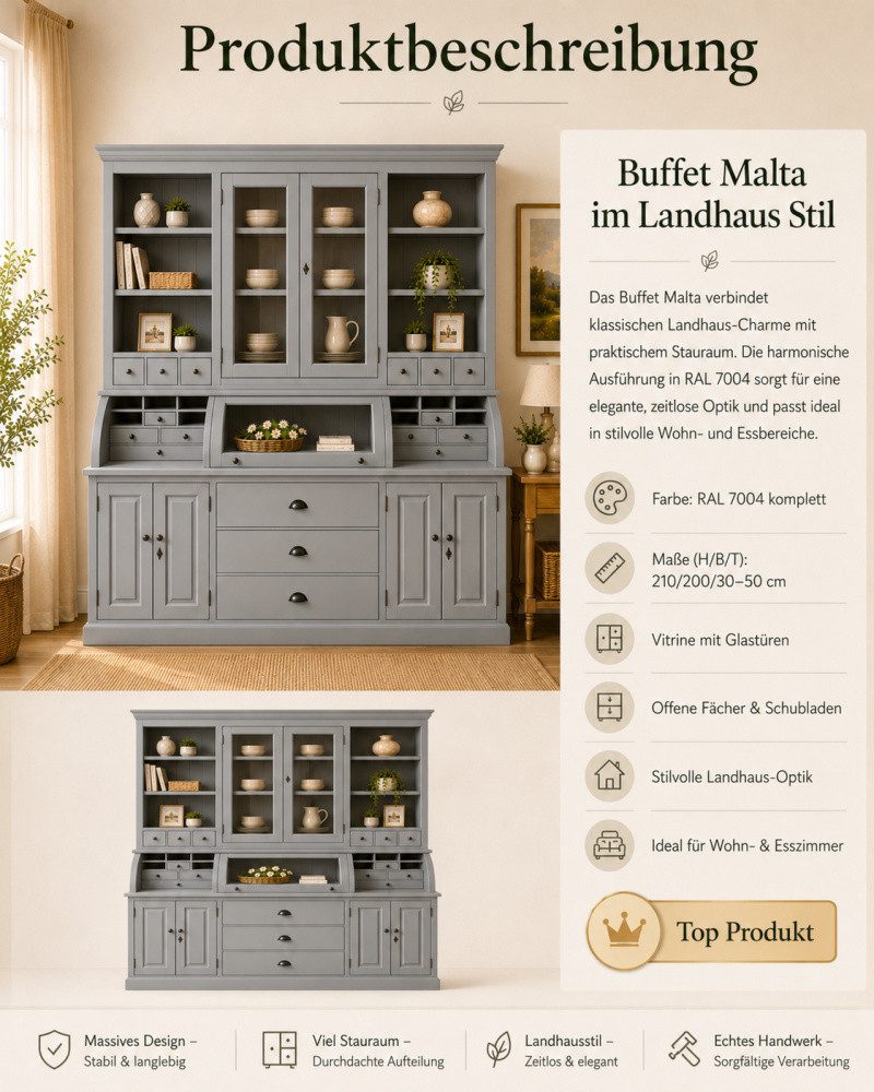 Wohnpalast Buffet Landhaus Buffet Schrank Malta Ladenschrank signalgrau 200 cm