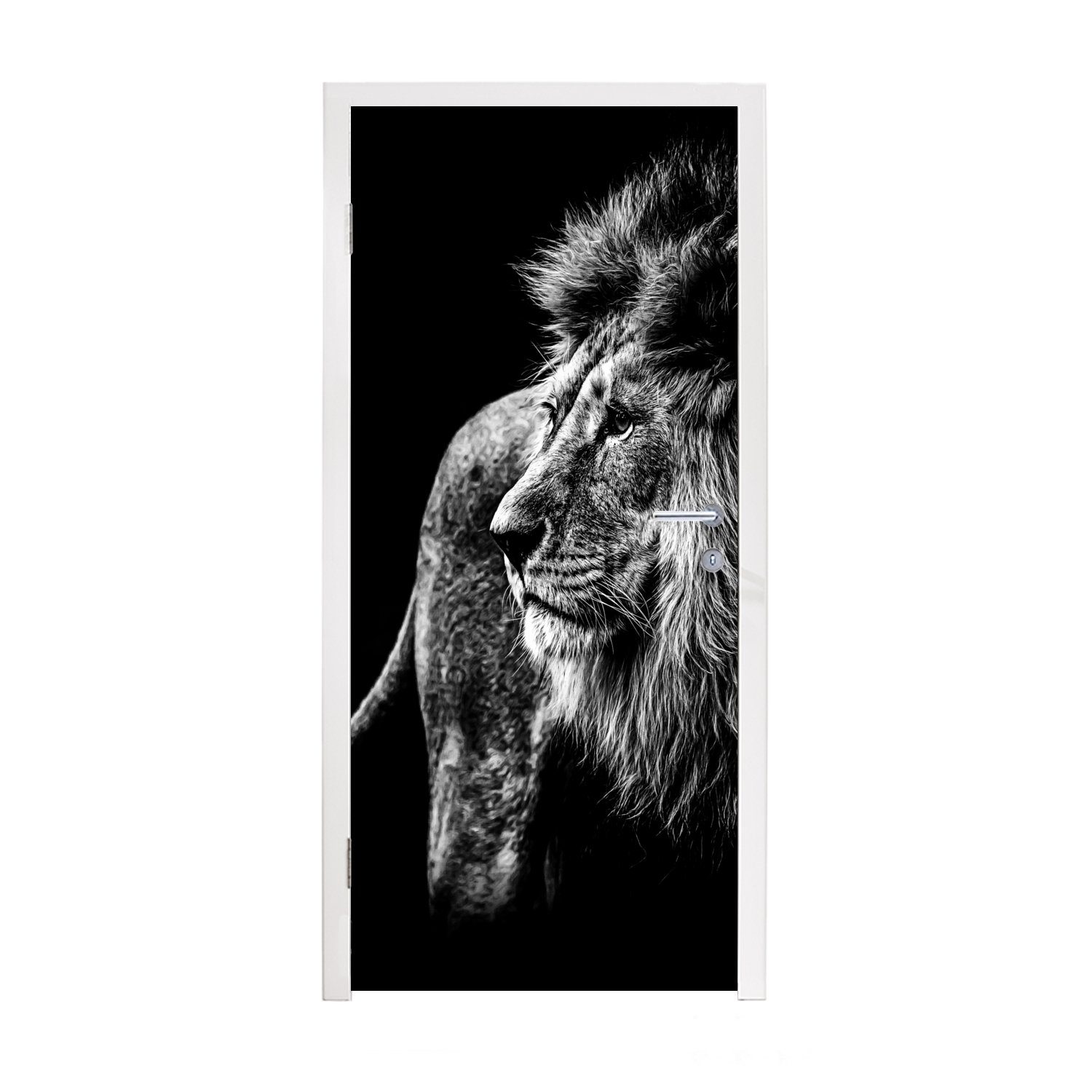 - - Wild (1 Löwe für Türtapete Tür, - - St), Weiß, MuchoWow Türaufkleber, 75x205 Tiere Schwarz Fototapete bedruckt, cm Matt,