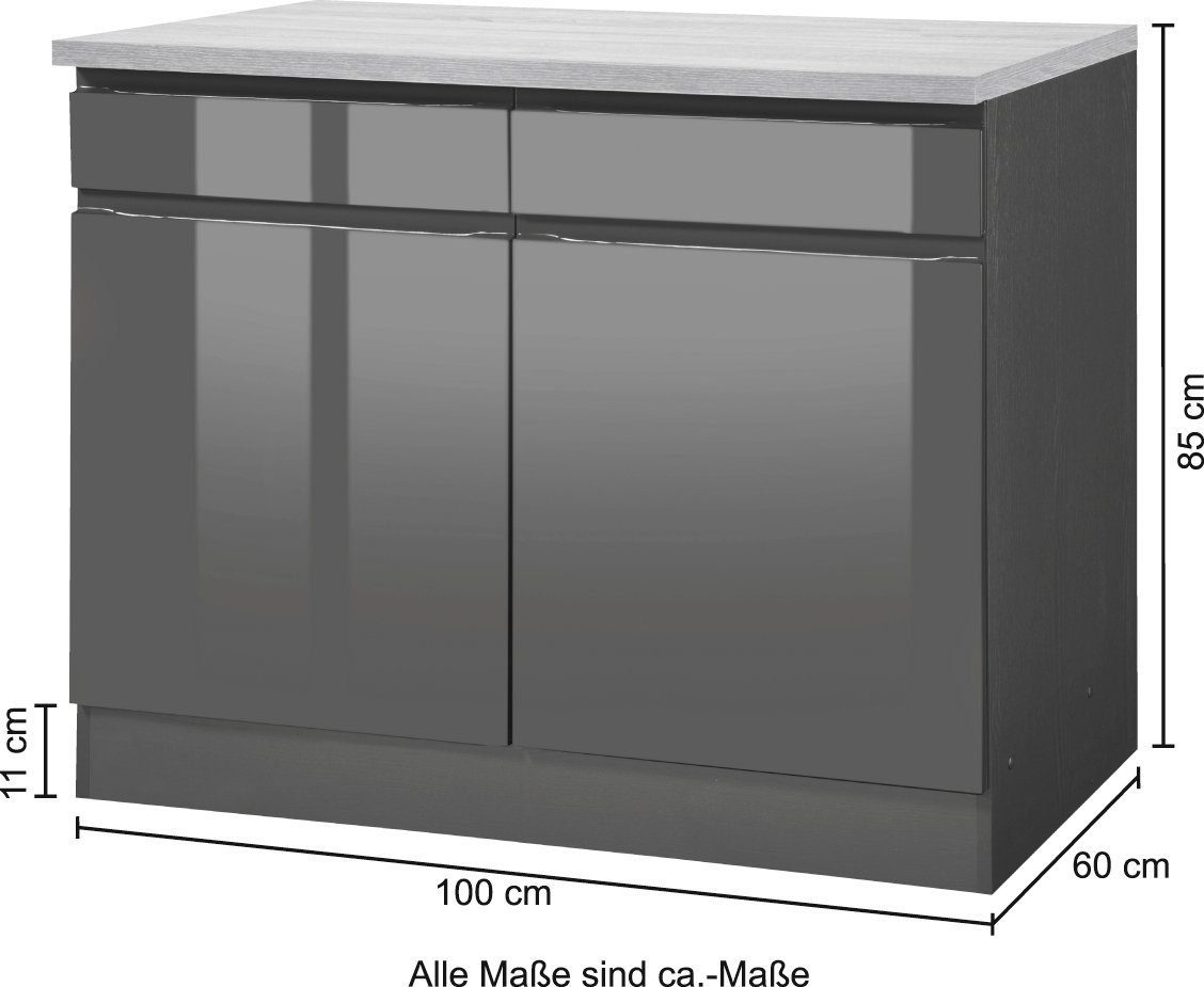 2 Virginia graphit Hochglanz Türen 100 cm mit breit, 2 Schubkästen Unterschrank HELD MÖBEL | und grau