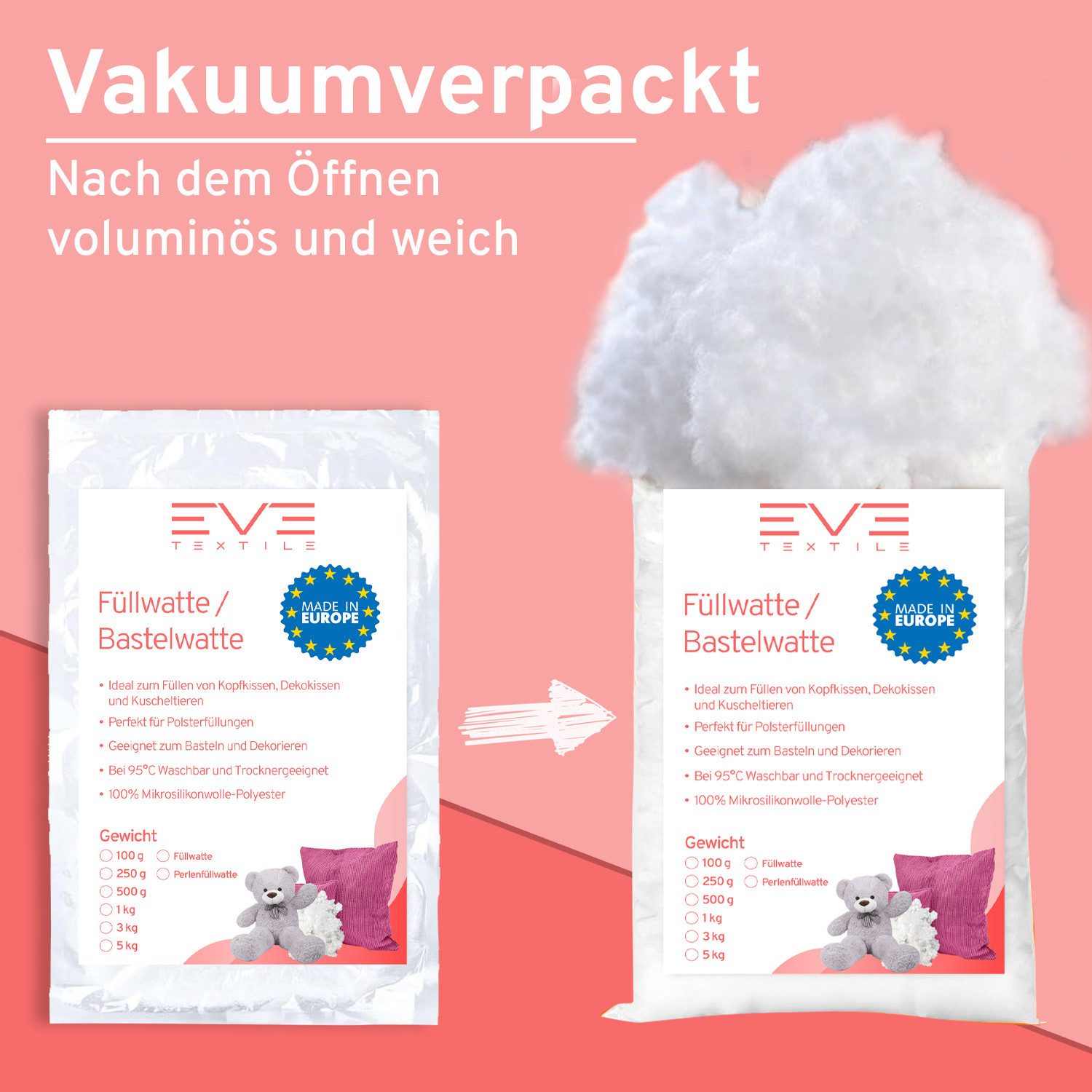 Eve Textile GmbH Kissenfüllung Füllwatte Weich Polyester Füllung Kissen Kuscheltiere DIY-Projekte, Perlenfüllwatte Formstabil Waschbar & Hypoallergen Trocknerge – Bild 3 von 5