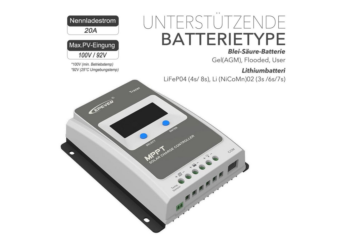 Thumbnail - enjoy solar Solarladeregler EPEVER® MPPT Trace 1210AN/2210AN/3210AN/4210AN, 10A-40A, 12V/24VDC, Standard Modbus Kommunik...