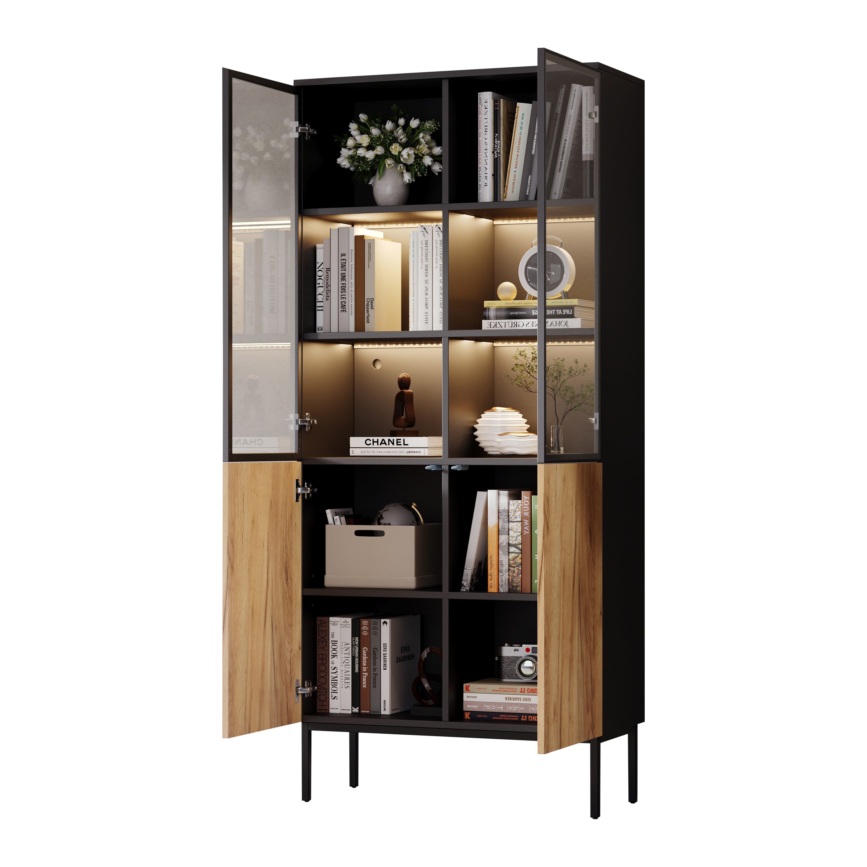 MODFU Vitrine LED-Vitrine, Pop-Up-Glastüren (Hochschrank, Standvitrine, günstig online kaufen