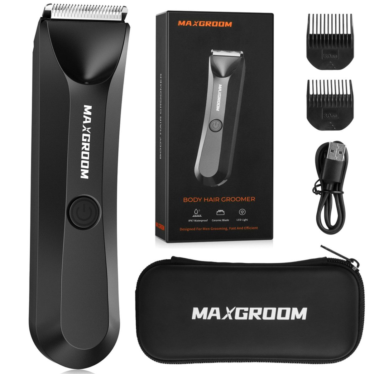 MAXGROOM Multifunktionstrimmer M-9087, Trimmer Set mit Zubehör, Wasserdichter Präzisionstrimmer mit LED-Licht