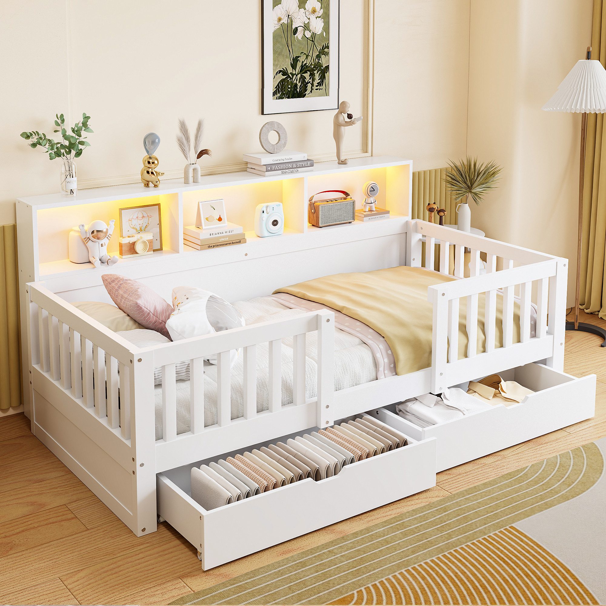 STILVORA Kinderbett 90×200 mit Stauraum Funktionbett Jugendbett, ohne Matratze (Einzelbett, Schutzgitter, Rückenlehne mit Ablagen, Holz, 2 Schubladen, LED-Beleuchtung, viel Stauraum), für Kinderzimmer, Jugendzimmer, Gästezimmer und Schlafzimmer