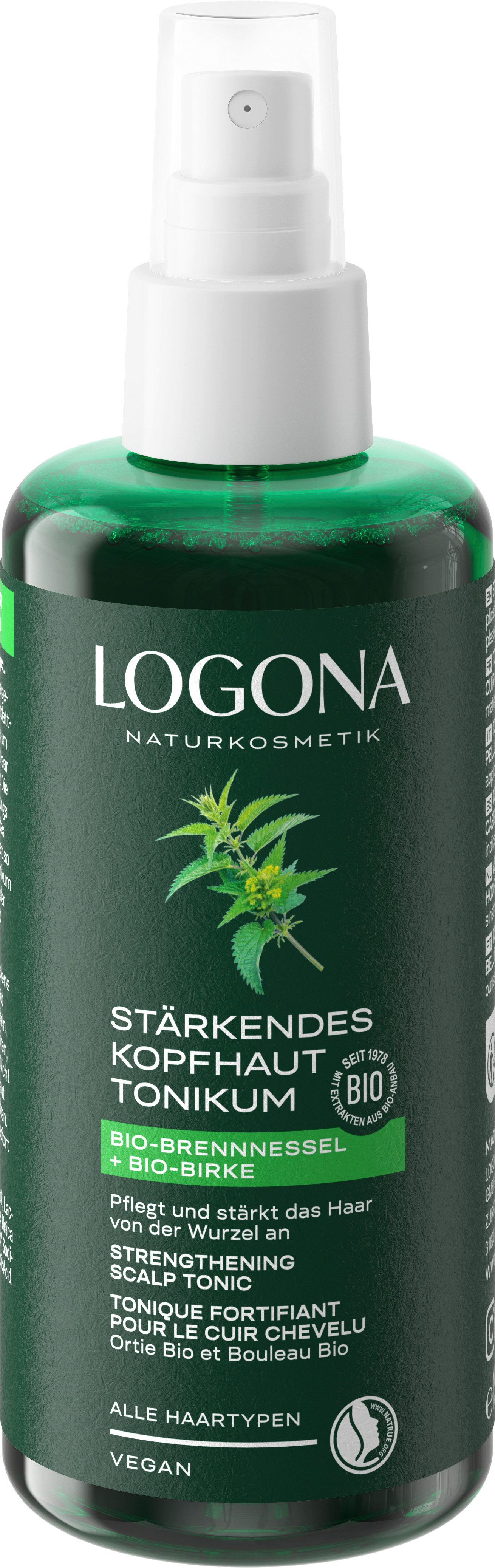 LOGONA Haartonikum STÄRKENDES KOPFHAUT TONIKUM BIO-BRENNNESSEL & BIRKE, mit Bio-Brennnesselextrakt, vegane Formel, pH-hautneutral