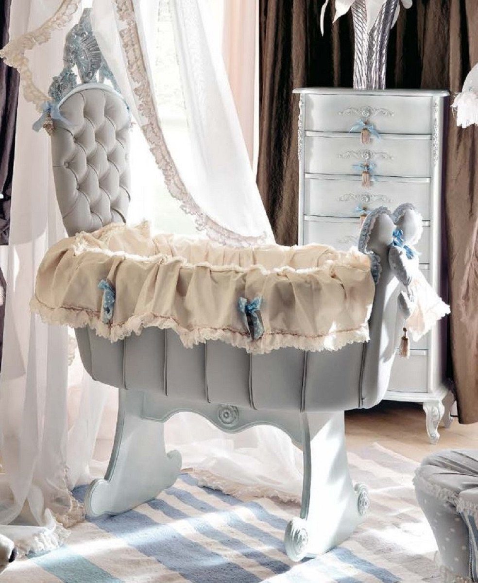 Kinderbett Schaukel Babybett Grau / Hellblau - Prunkvolles Massivholz Baby Schaukelbett - Baby Möbel - Erstklassische Qualität - Made in Italy