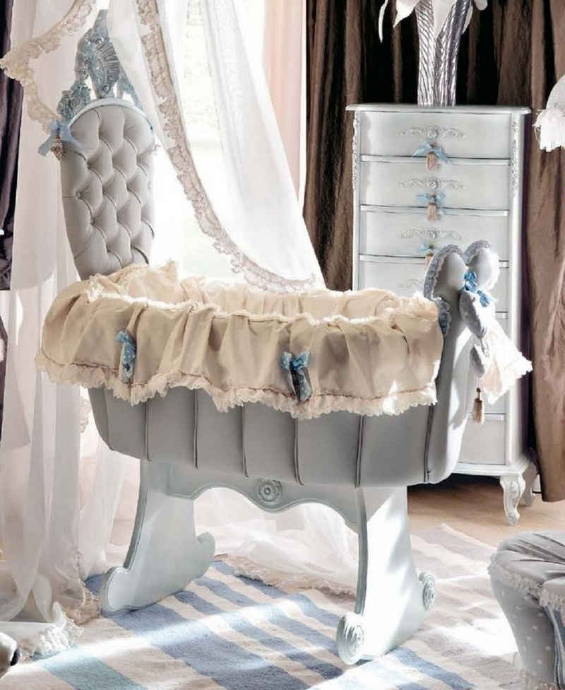 Casa Padrino Kinderbett Schaukel Babybett Grau / Hellblau - Prunkvolles Massivholz Baby Schaukelbett - Baby Möbel - Erstklassische Qualität - Made in Italy