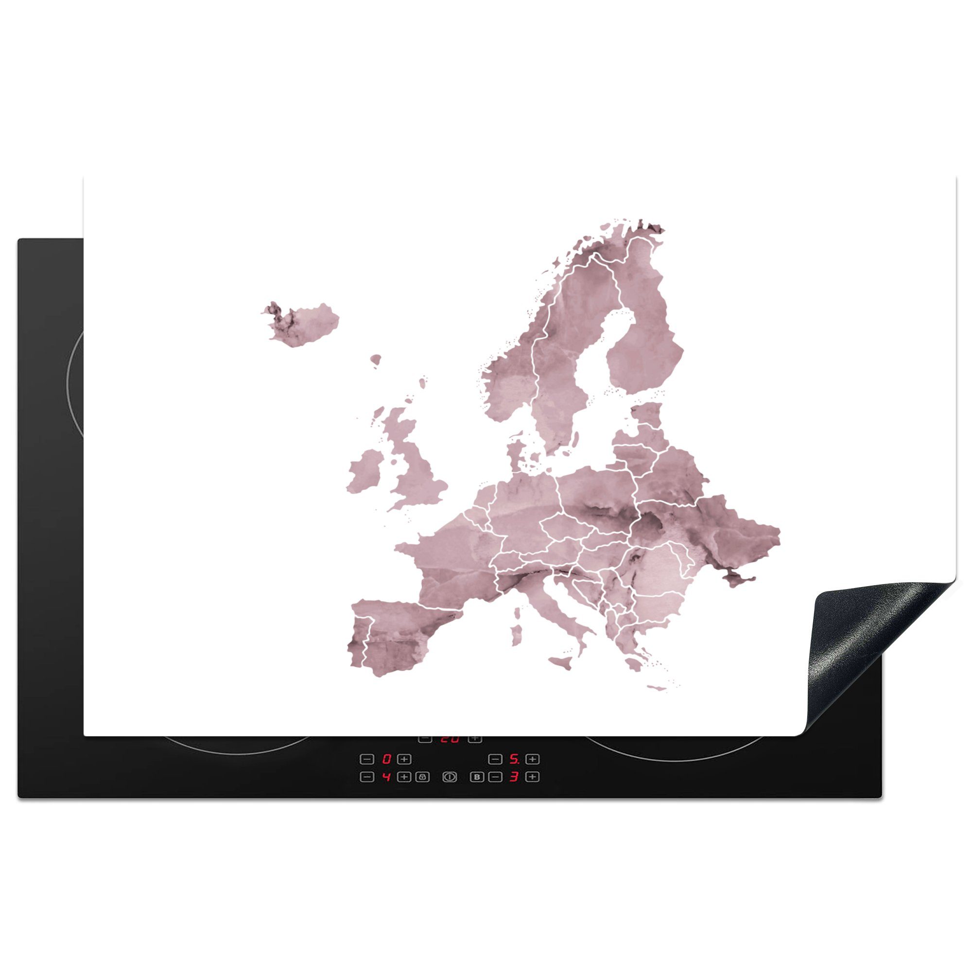 MuchoWow Herdblende-/Abdeckplatte Karte von Europa - Aquarell - Violett, Vinyl, (1 tlg), 81x52 cm, Induktionskochfeld Schutz für die küche, Ceranfeldabdeckung