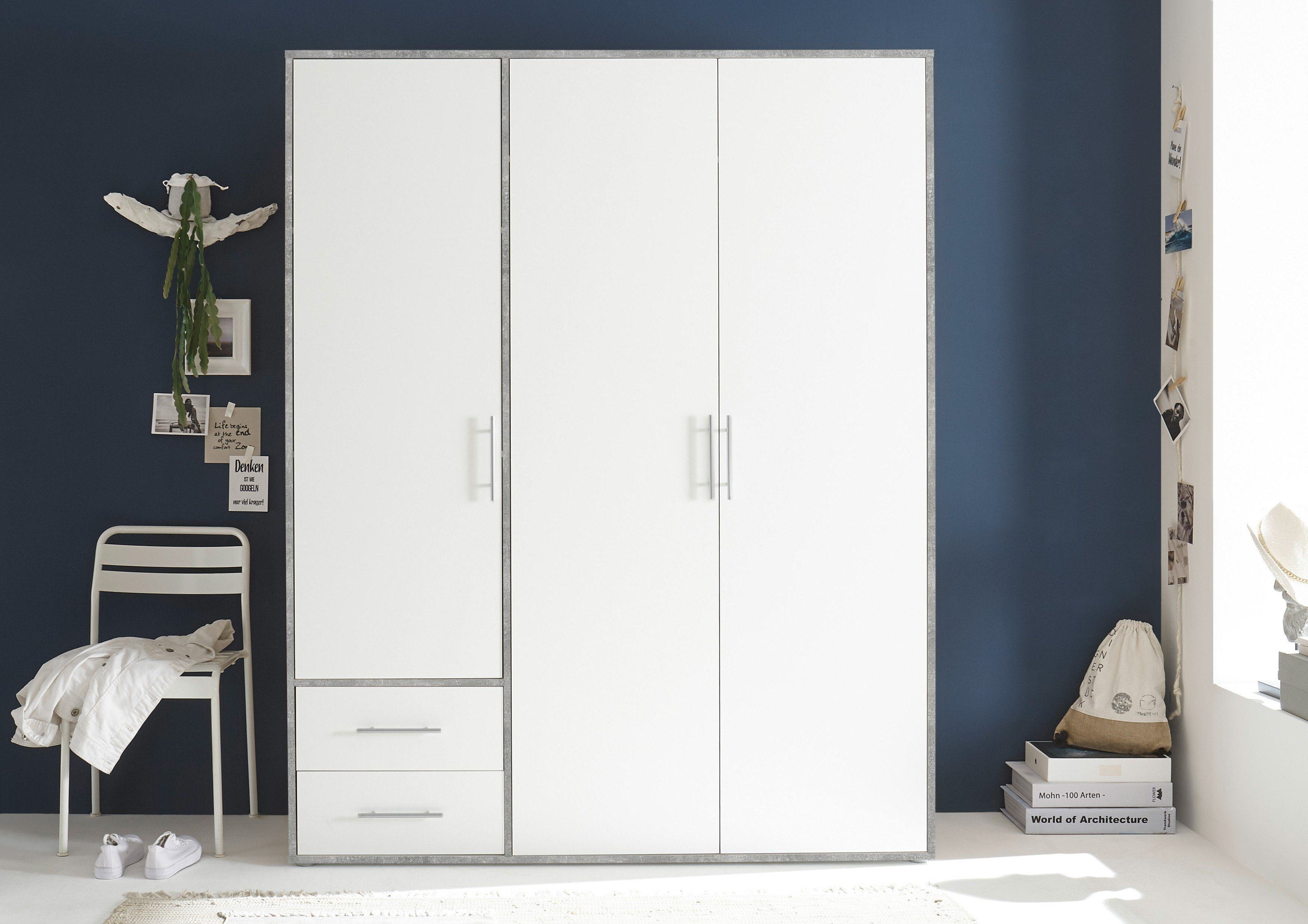 Pol-Power Kleiderschrank in Beton Optik / Weiß mit 2 Schubladen und 3 Türen (BxHxT: 155x195x60 cm)