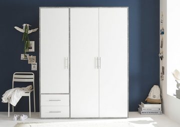 möbelando Kleiderschrank Valencia (BxHxT: 155x195x60 cm) in Beton Optik / Weiß mit 2 Schubladen und 3 Türen