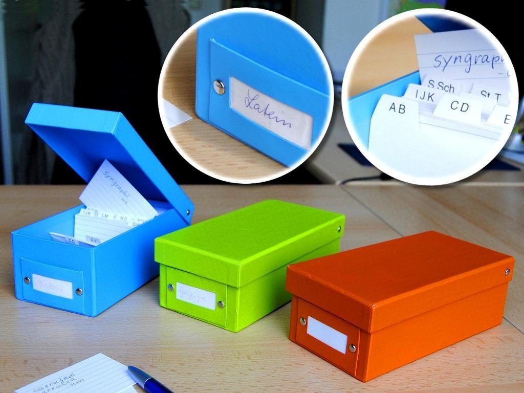 MW Handel Karteikasten 3x Lernbox Karteikasten DIN A8 / 3 verschiedene Farben + 1200 Karteika