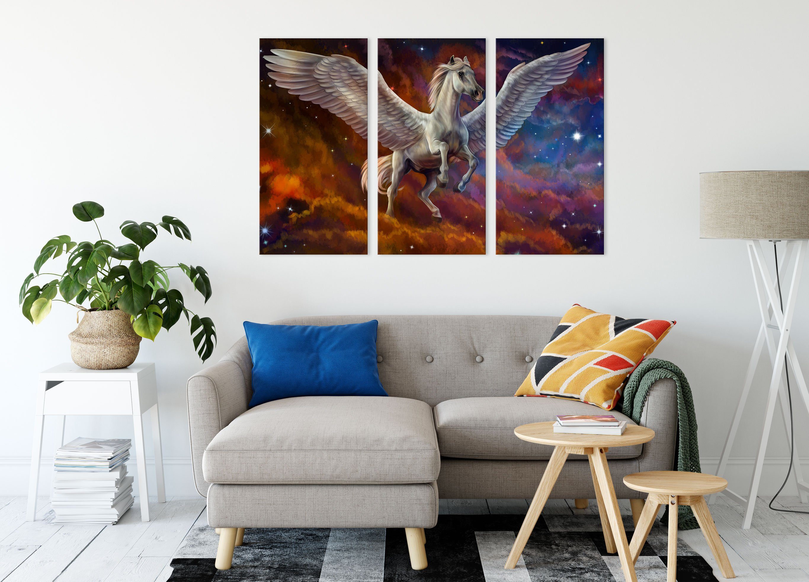 St), mit Engelsflügel, Leinwandbild Zackenaufhänger Pegasus 3Teiler Weißer (120x80cm) mit inkl. Pixxprint fertig Engelsflügel bespannt, Leinwandbild Pegasus Weißer (1