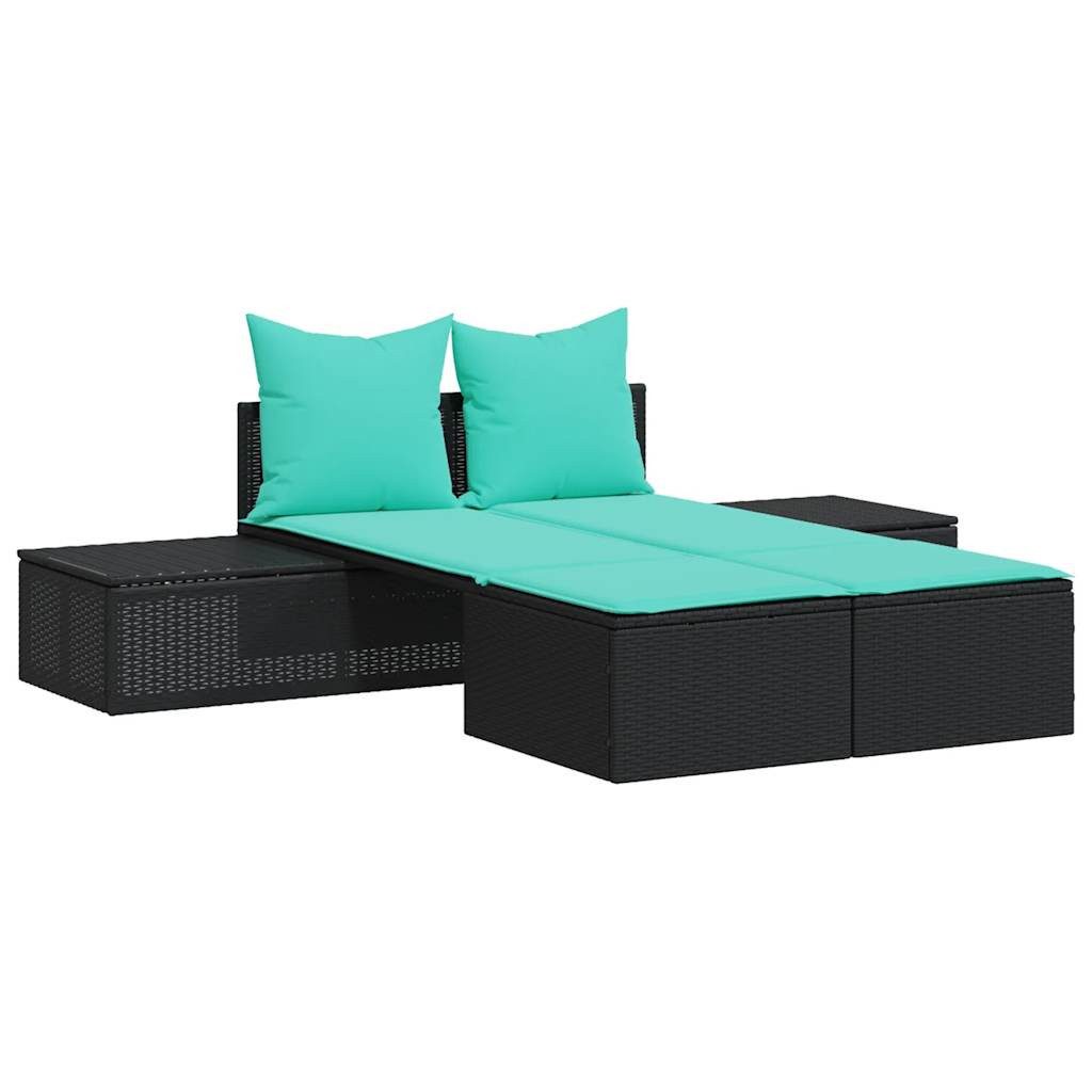 Gartenliege Doppelte Sonnenliege mit Kissen Schwarz Poly Rattan