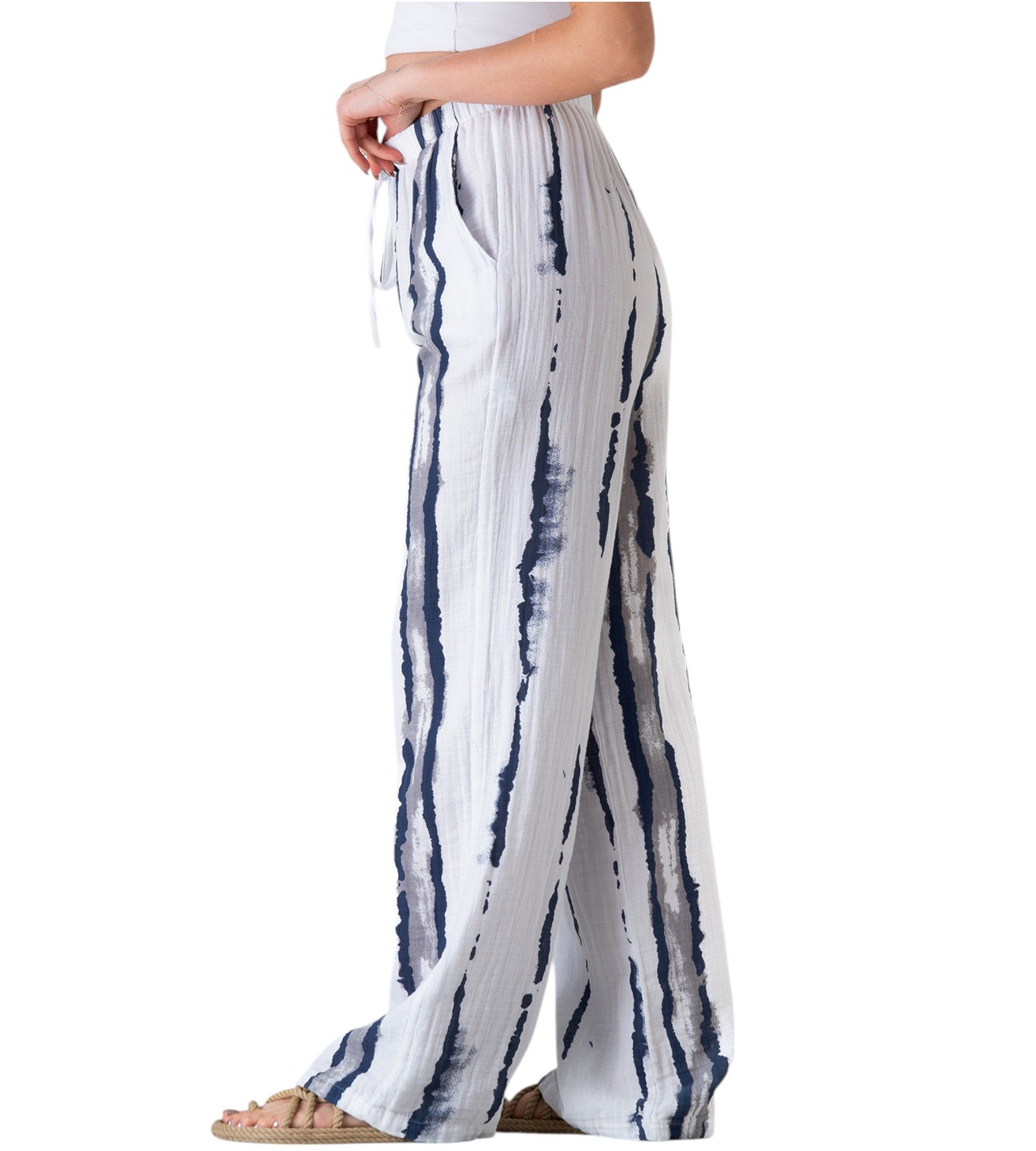 WENOR Palazzohose Musselin, Batik-Druck, 100 % Baumwolle, elastisch, Petrolblau & Grau