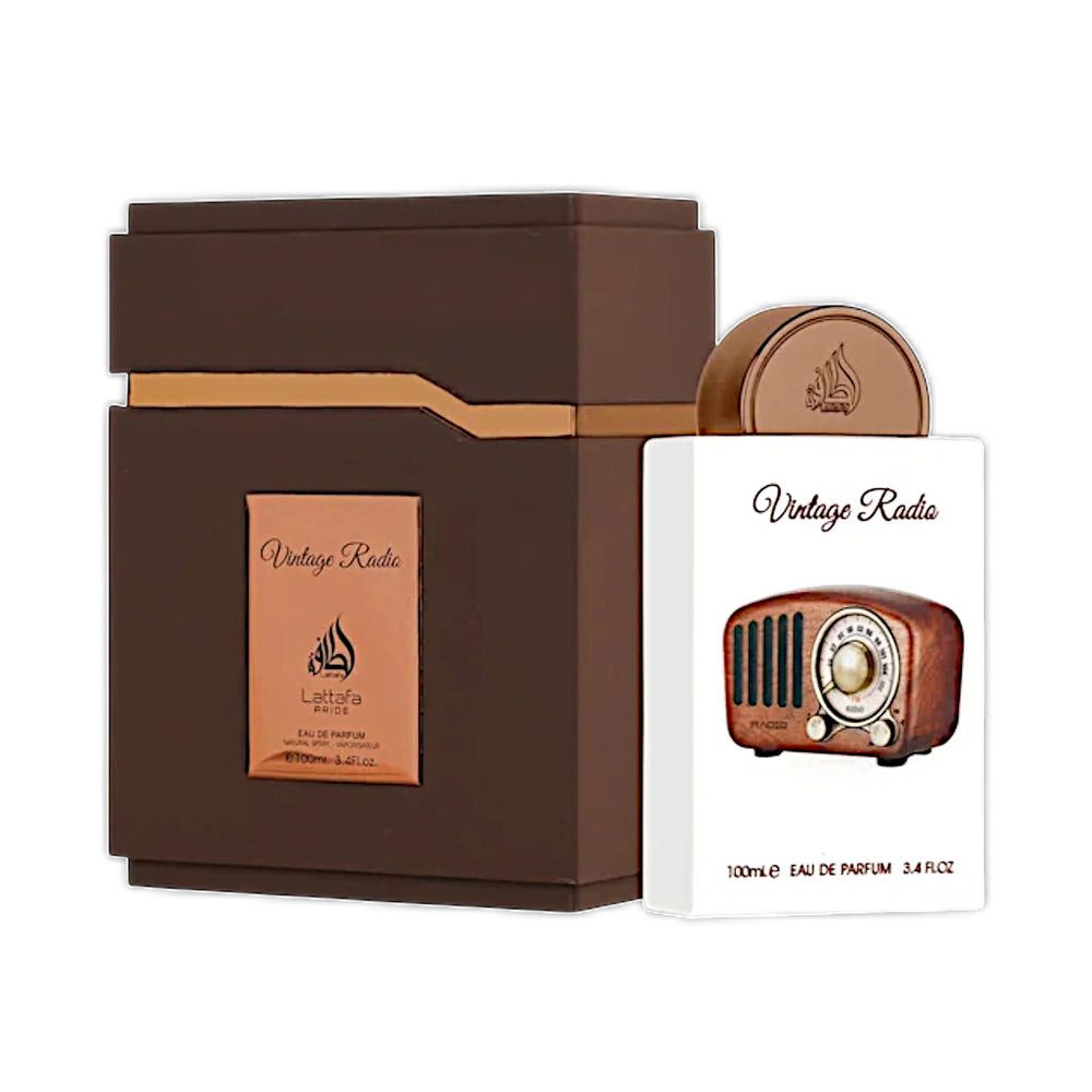Lattafa Duft-Set Pride Vintage Radio EDP 100ml Geschenkset + Parfümzerstäuber (leer)