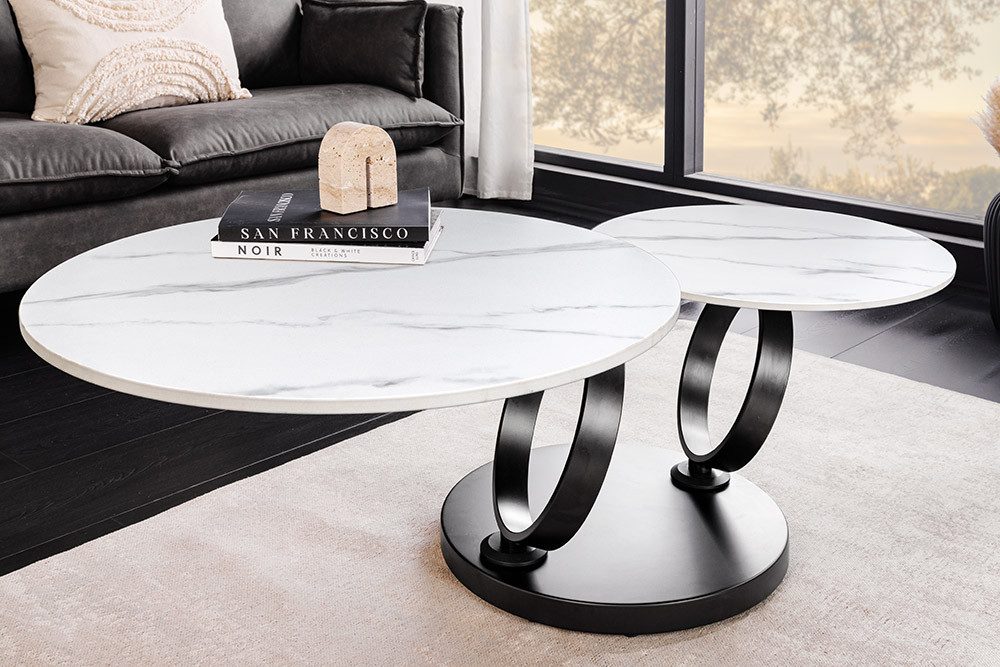 riess-ambiente Couchtisch DANCING RINGS weiß/schwarz - rund, Marmor-Design, Keramik, drehbar (Einzelartikel, 1-St), mit 2 Ebenen & Drehmechanismus – ideal für Wohnzimmer & Loungebereich