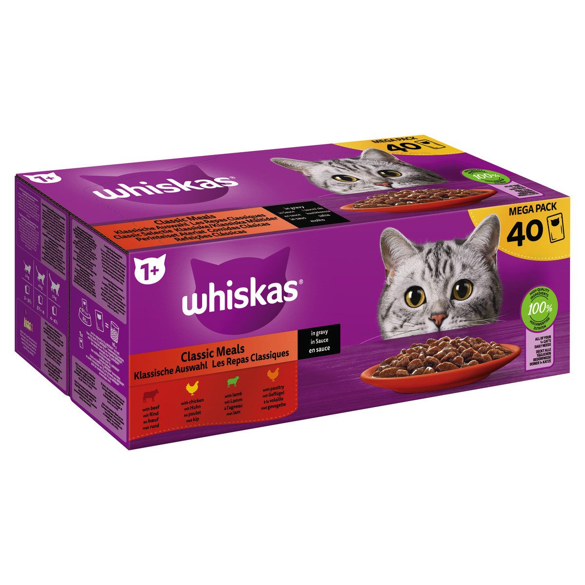 Whiskas Multipack Mega Pack 1+ Klassische Auswahl in Sauce 40 x 85 g, Nassfutter für: Katze