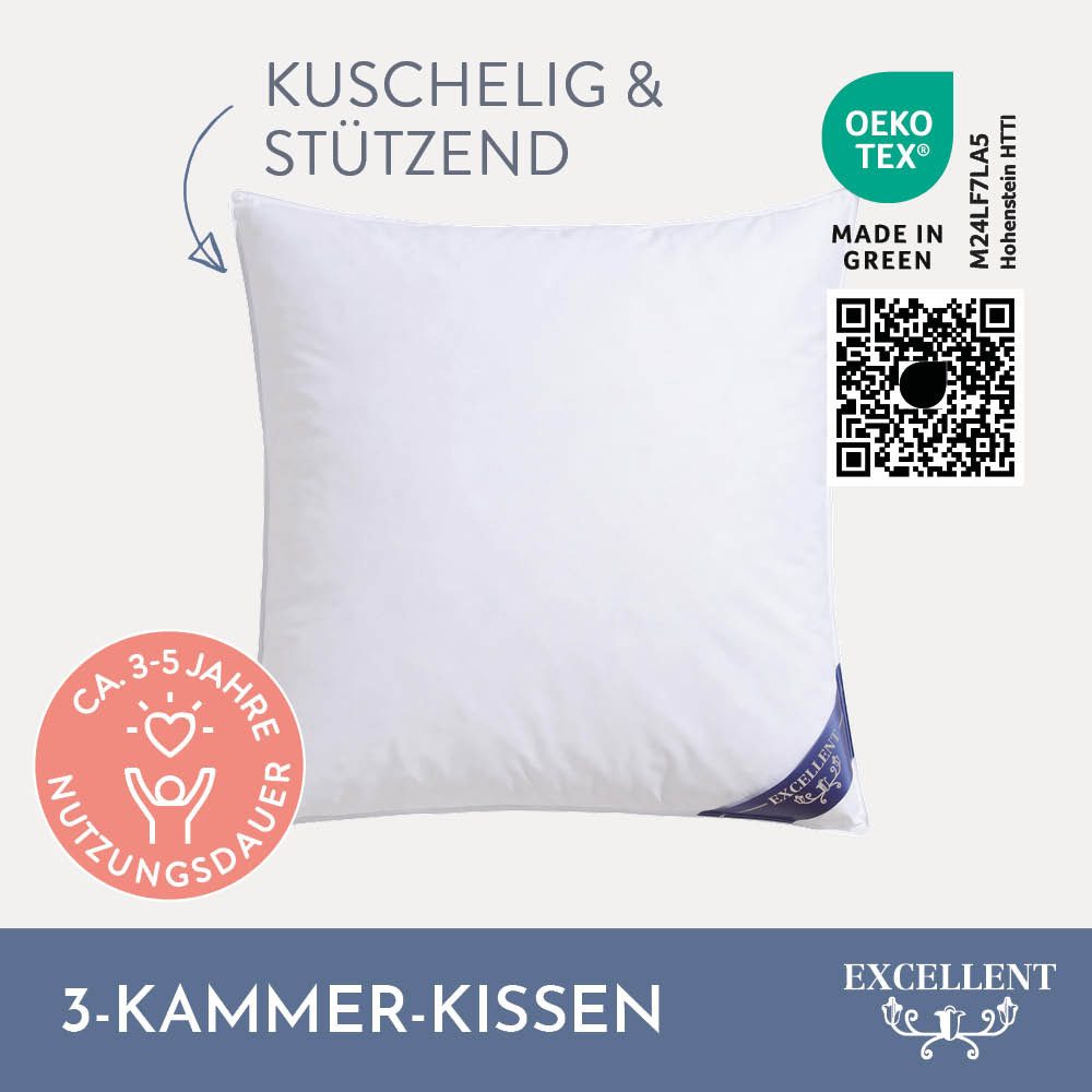 Excellent 3-Kammer-Kopfkissen Wien, Füllung: 60% Daunen / 40% Federn (Außenkammern) und 100% Federn (Innenkammer), Bezug: 100% Baumwolle, Kopfkissen in 40x80 und 80x80 erhältlich
