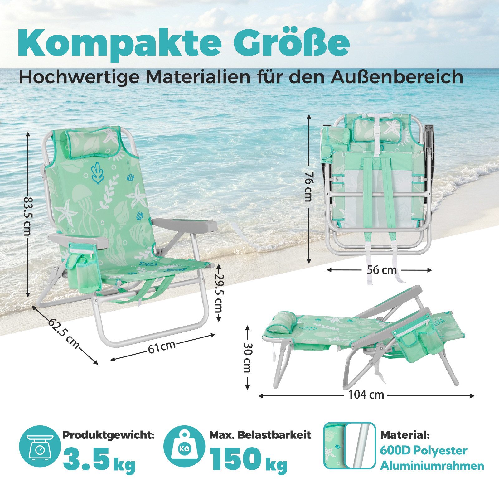 HOMECALL Klappstuhl Strandstuhl Leicht Klappbar Camping, 5-fach verstellbare Rückenlehne (Bis150KG Aluminiumrahmen, groBe Kuhitasche und Aufbewahrungstasche, 2  – Bild 2 von 5