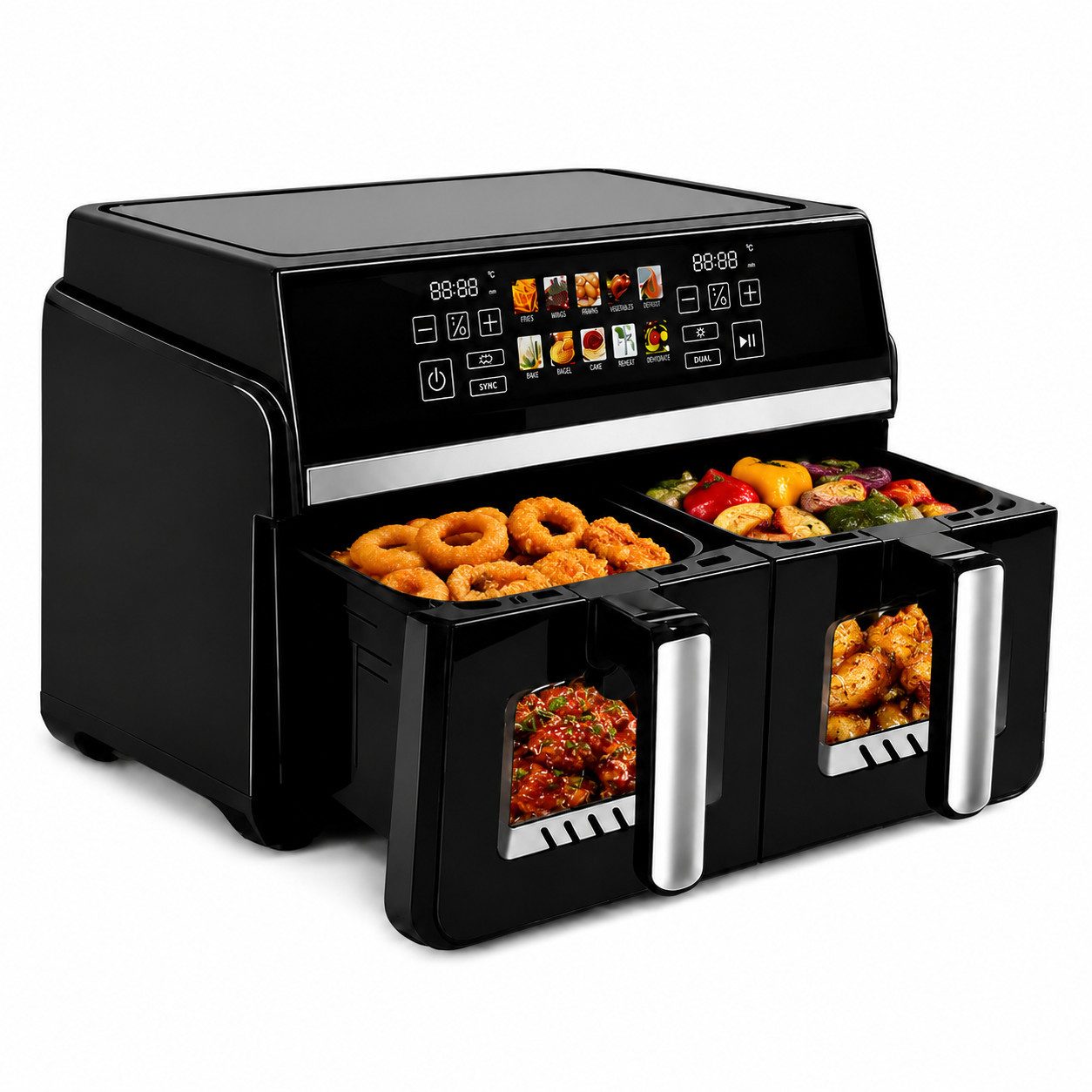 Nettlife Heißluftfritteuse Air fryer XXL Dual Zone 2 Kammern 10L 13-in-1 Sichtfenster Touchscreen, 2200 W, SYNC & DUAL Technologie Timer 24h spülmaschinengeeignet