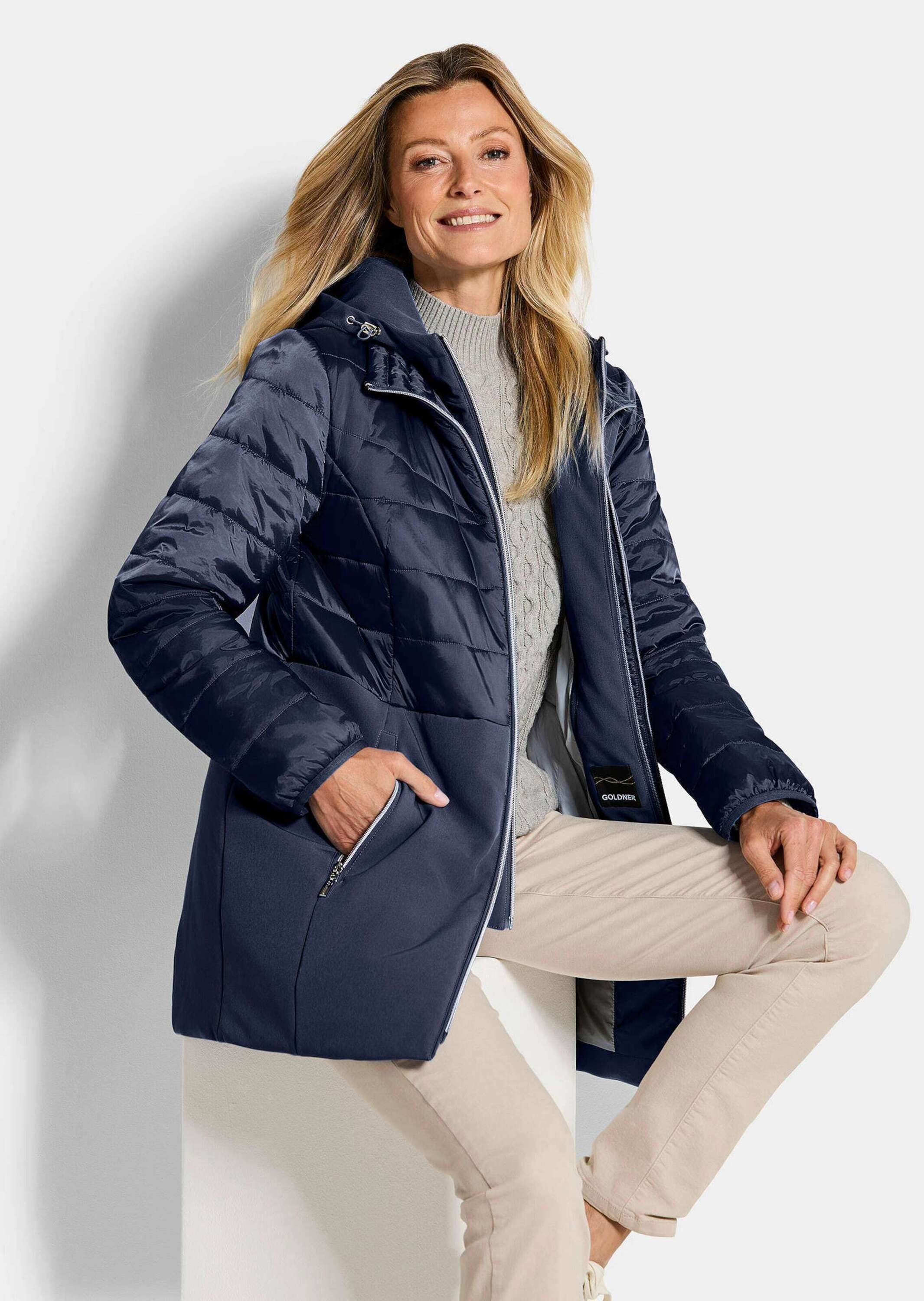 GOLDNER Kurzmantel Wintermantel mit Softshell-Einsatz Kapuzenjacke mit 2-Wege-Reißverschluss, Taschen und Langarm