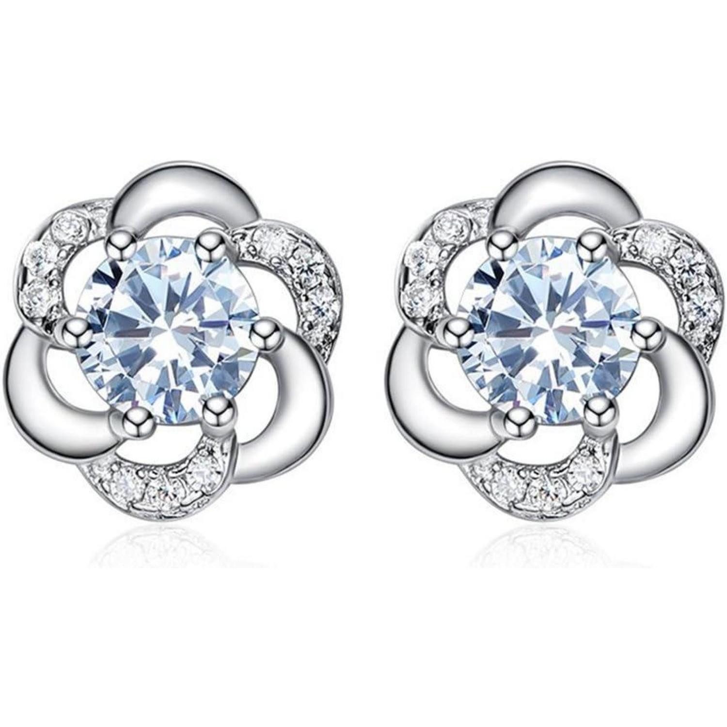 LuxusKollektion Paar Ohrstecker Ohrstecker Damen Blumen Zirkonia 5A 925 Weiß Geschenkbox Silber