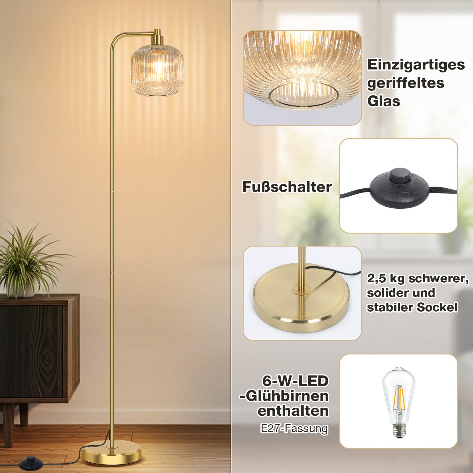 Rosnek LED Stehlampe Vintage Stehleuchte Wohnzimmer Retro Leselampe für Sch günstig online kaufen