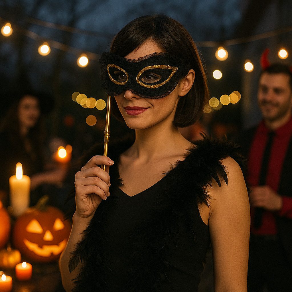 Widmann S.r.l. Verkleidungsmaske Domino Maske schwarz-gold mit Stab Kostümaccessoire, Elegant, geheimnisvoll, glamourös
