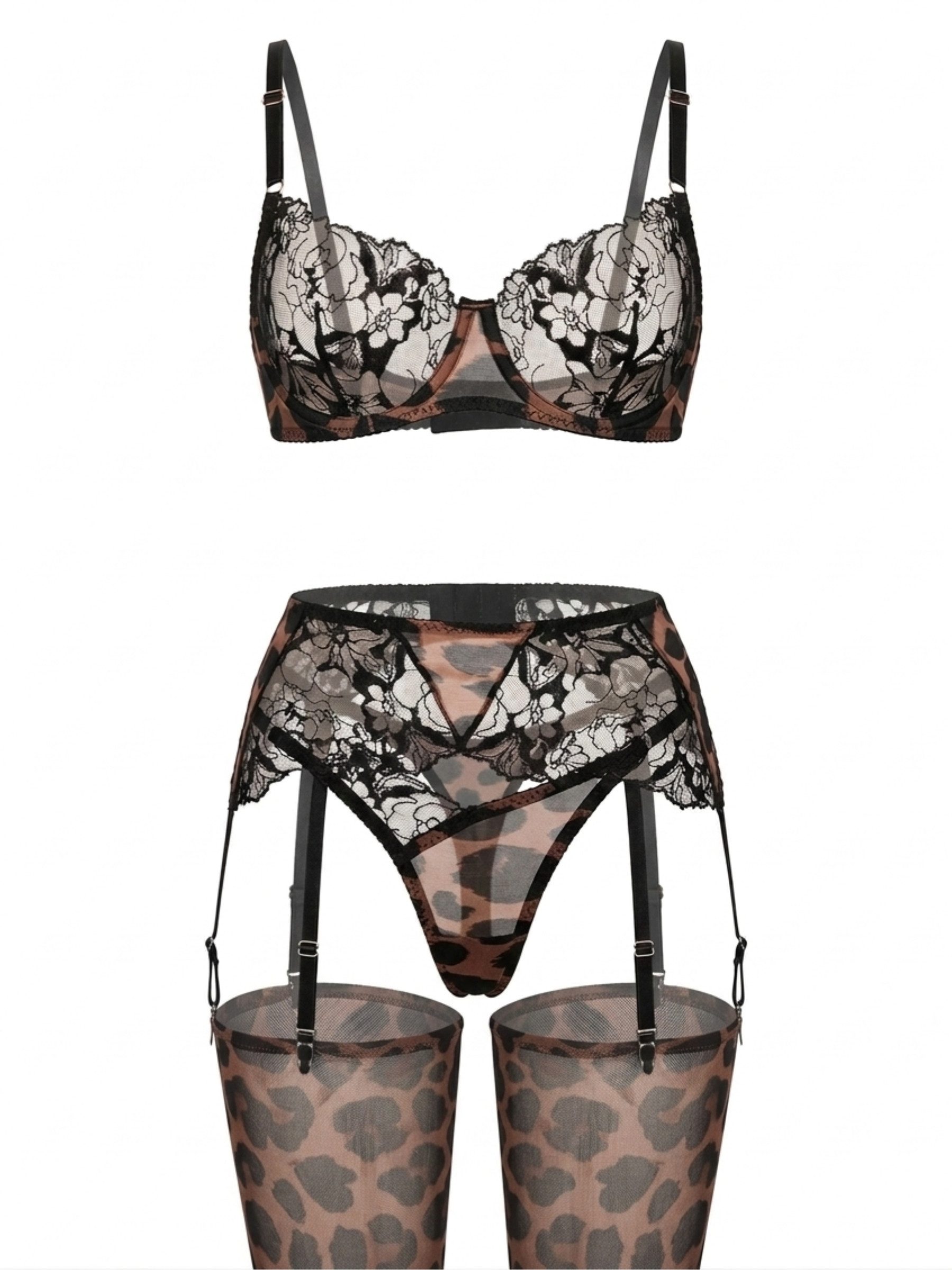 Elegant Love Set: Bügel-BH Sinnliches Dessous-Set aus Spitze – sexy Reizwäsche & Lingerie-Set (Set, 5-tlg., BH + String + Strumpfhaltergürtel + lange Spitzenhandschuhe + Strümpfe) Damenunterwäsche für besondere Momente – elegantes Straps-Set