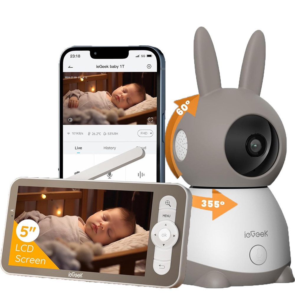 TWUFY Babyphone 5 Zoll WLAN Video babyfone PTZ 355° Babyphone mit Kamera 2K/3MP, IR-Nachtsicht, Automatische Verfolgung,Temperaturanzeige, Weinen/Bewegungs/Geräuscherkennung,unterstützt Mobile App Steuerung, Präzisere Warnungen,Schlafmodus&Schreierkenn,Gefahrenbereichserkennung