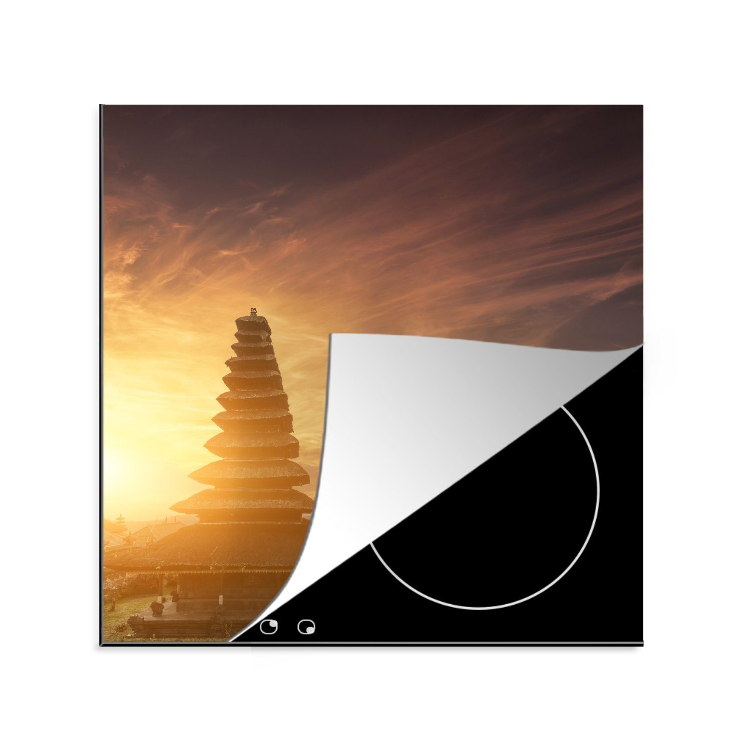 MuchoWow Herdblende-/Abdeckplatte Sonnenuntergang am Pura Besakih-Tempel auf Bali, Vinyl, (1 tlg), 78x78 cm, Ceranfeldabdeckung, Arbeitsplatte für küche