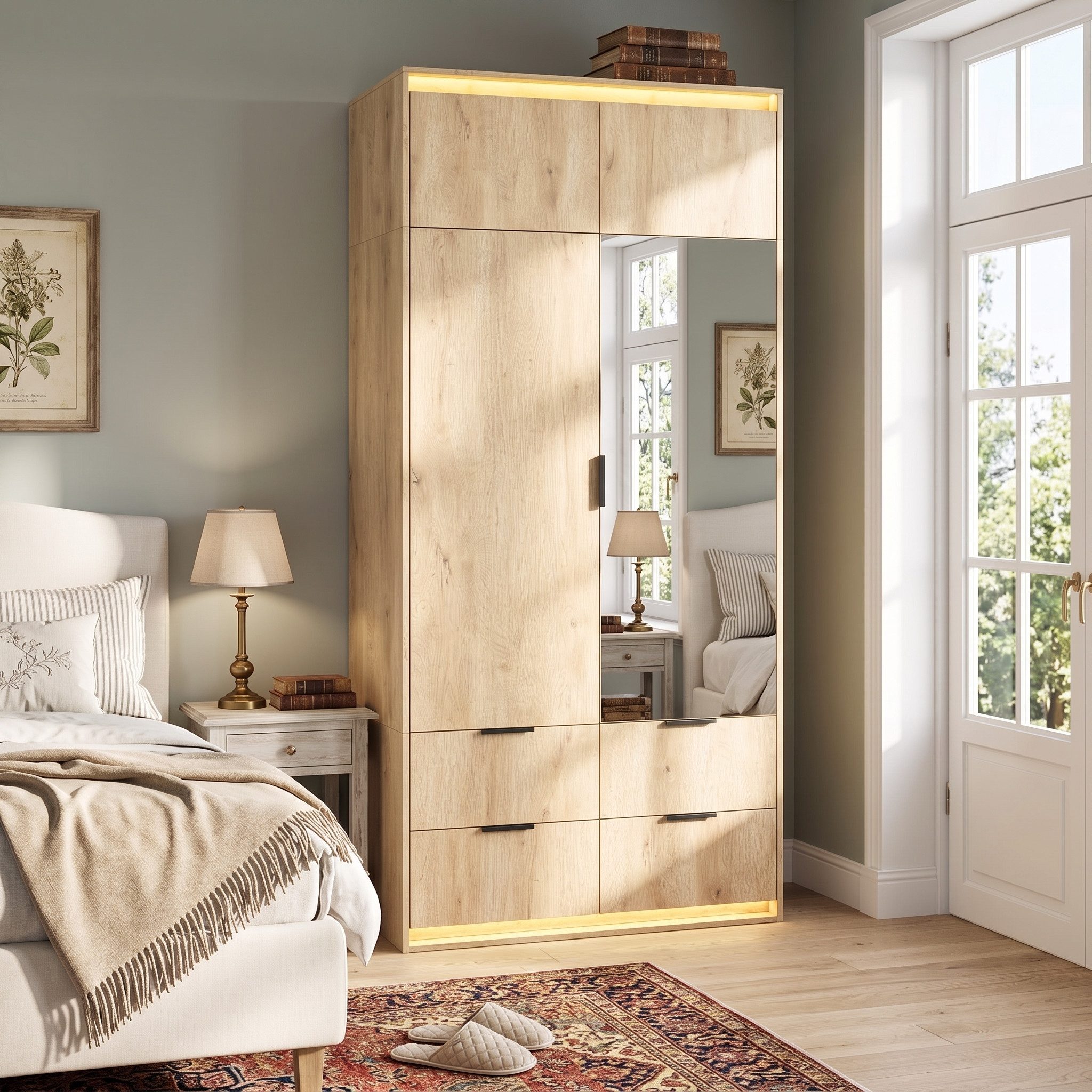 Flieks Kleiderschrank Drehtürenschrank 90x47x200cm mit LED-Streifen, Spiegel, 4 Schubladen