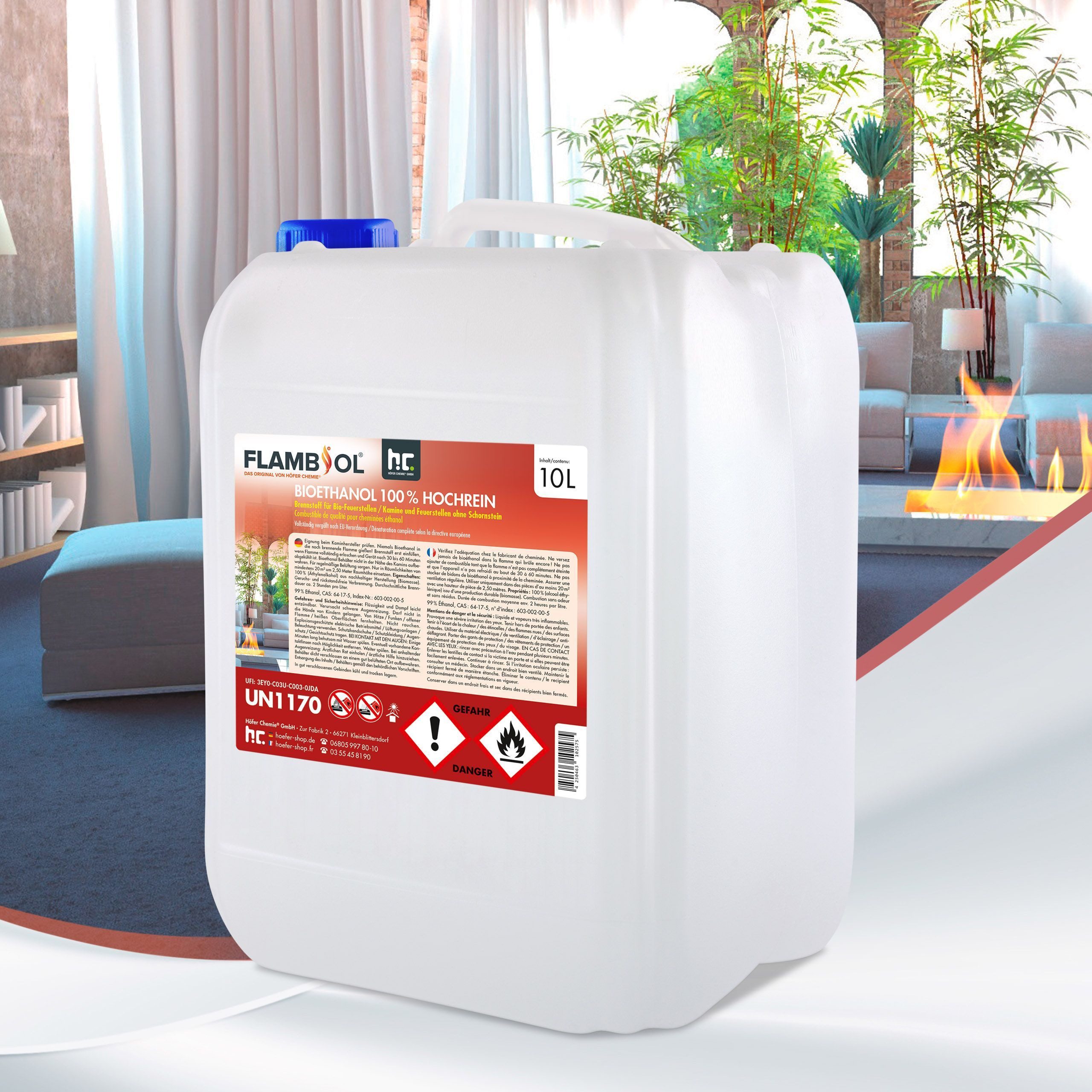 Höfer Chemie GmbH Bioethanol 10 L FLAMBIOL® Bioethanol 100% Hochrein, 10 l, (1-St), Reiner Brennstoff für sauberes, rückstandsfreies Feuer
