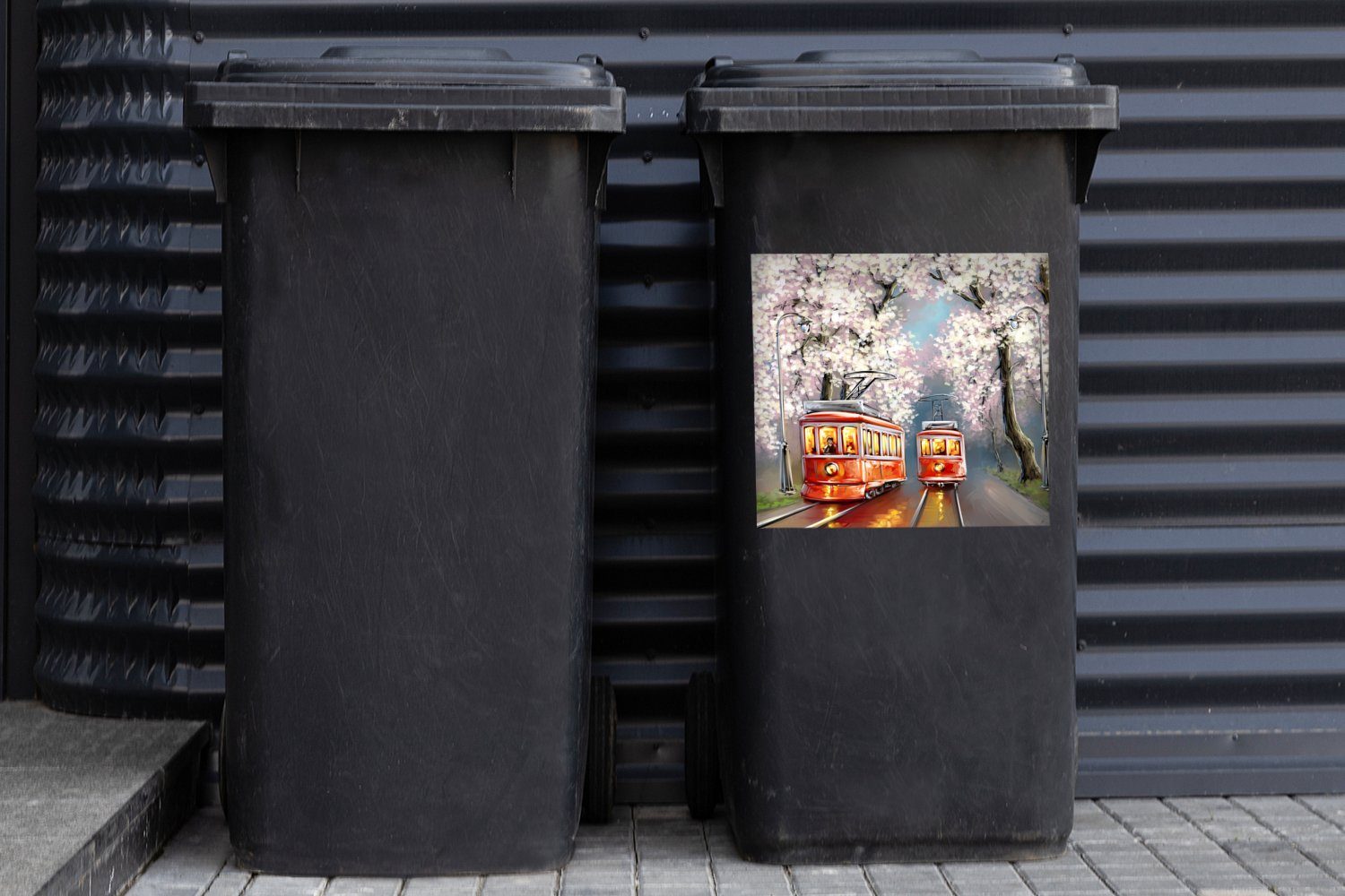 Blühender - Sticker, Baum Straßenbahn Abfalbehälter Wandsticker - Mülleimer-aufkleber, Mülltonne, Ölgemälde Gemälde MuchoWow Container, - (1 St),