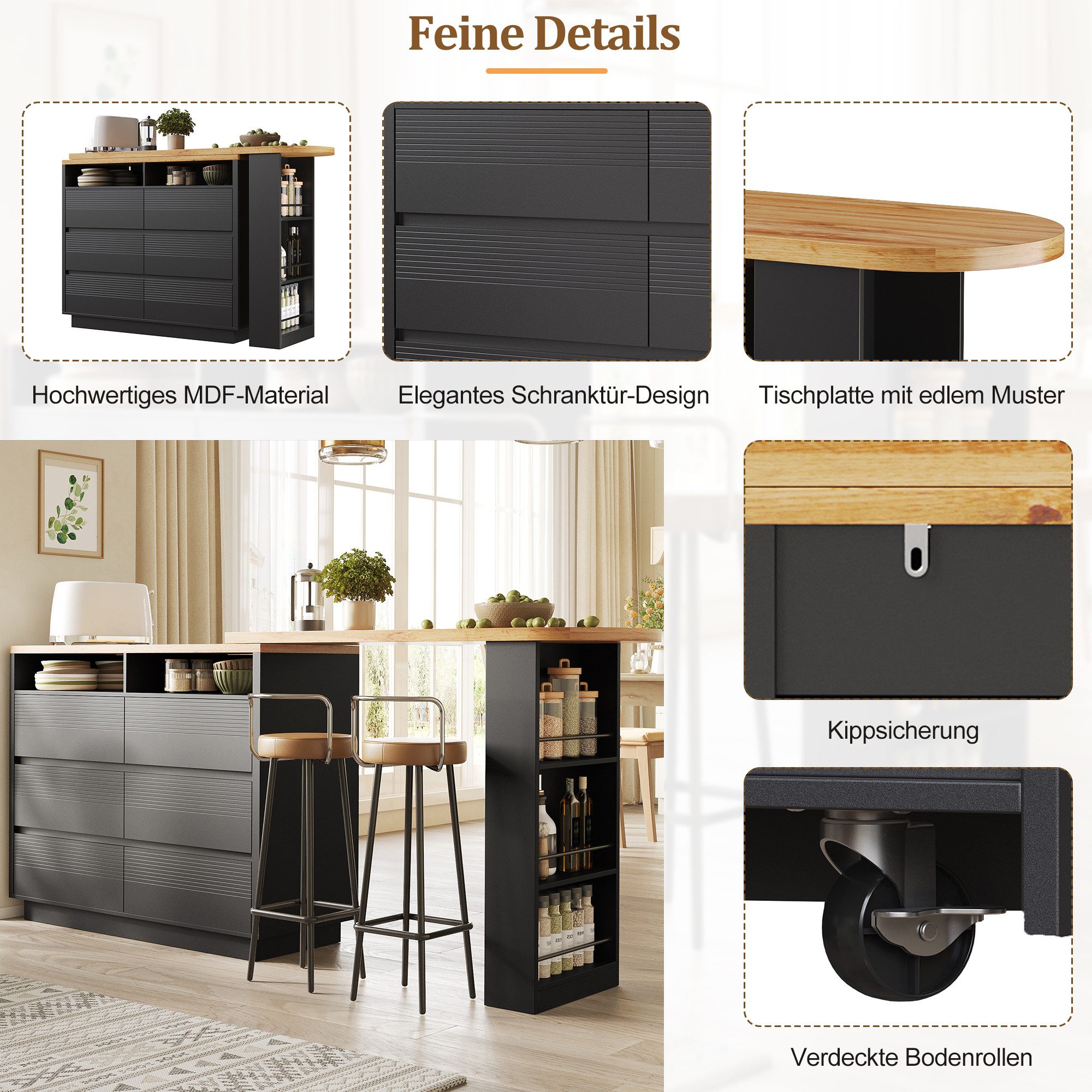 i@home Bartisch Ausziehbarer Sieborad mit Stauraum(137-215×39×102.3cm) (1 Tisch), Teleskopischer Tisch mit 6 Schubladen, Kücheninsel, Schwarz