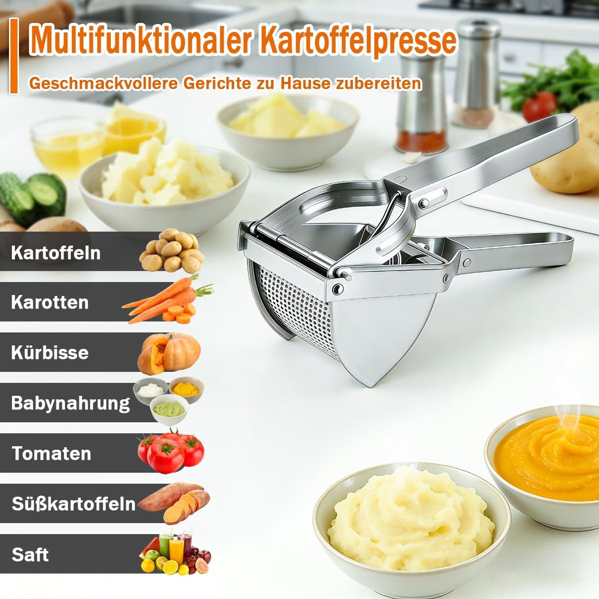 AKKEE Kartoffelpresse Edelstahl, Schaumkelle Set Potato Press, Griff Kartoffelstampfer für Kartoffel Obstsäfte Gemüsebrei Püree