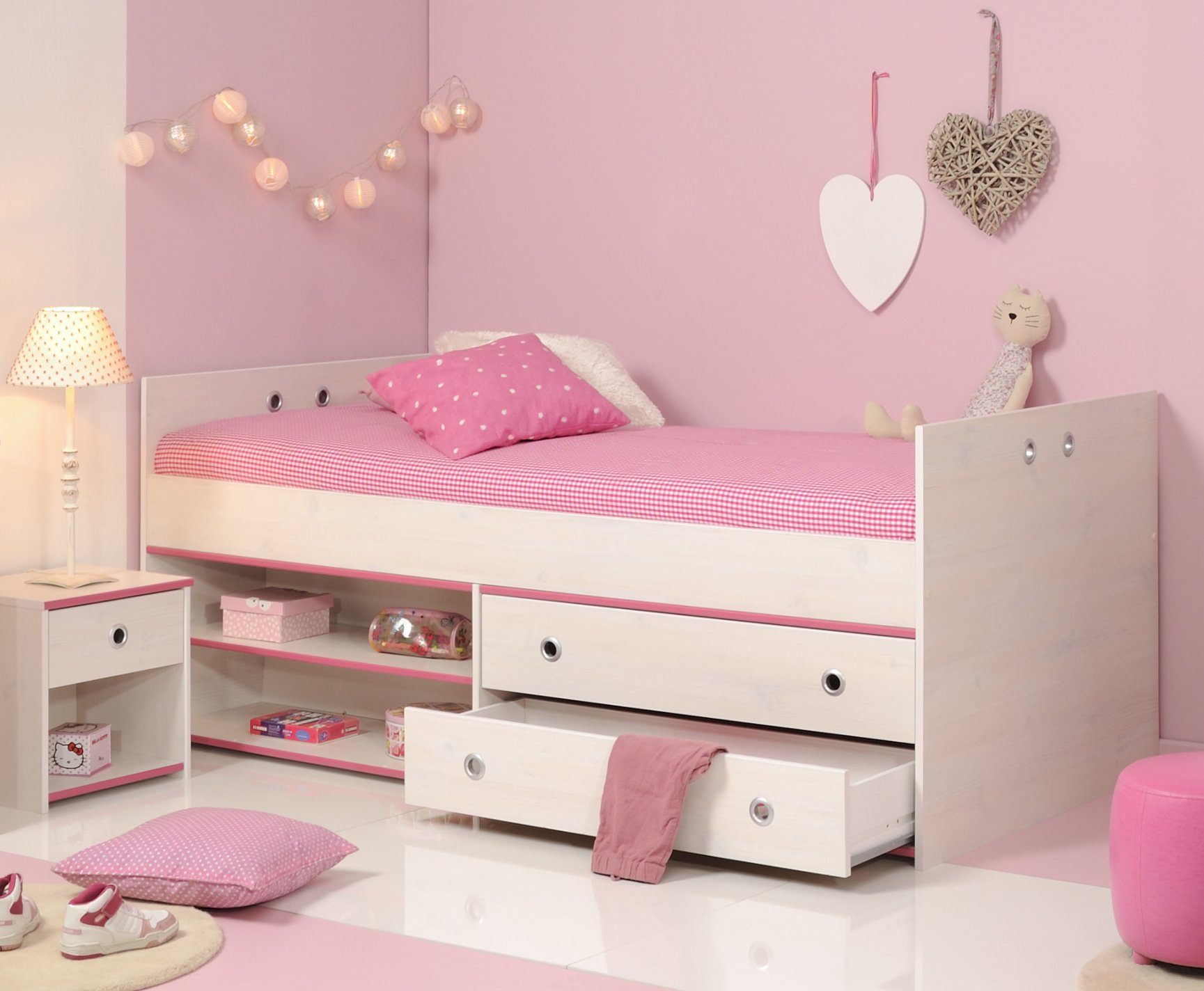 Kindermöbel 24 Komplettschlafzimmer Kinderzimmer Bett (2-tlg) 24 2-teilig Smoozy Parisot weiß + Nachtkommode