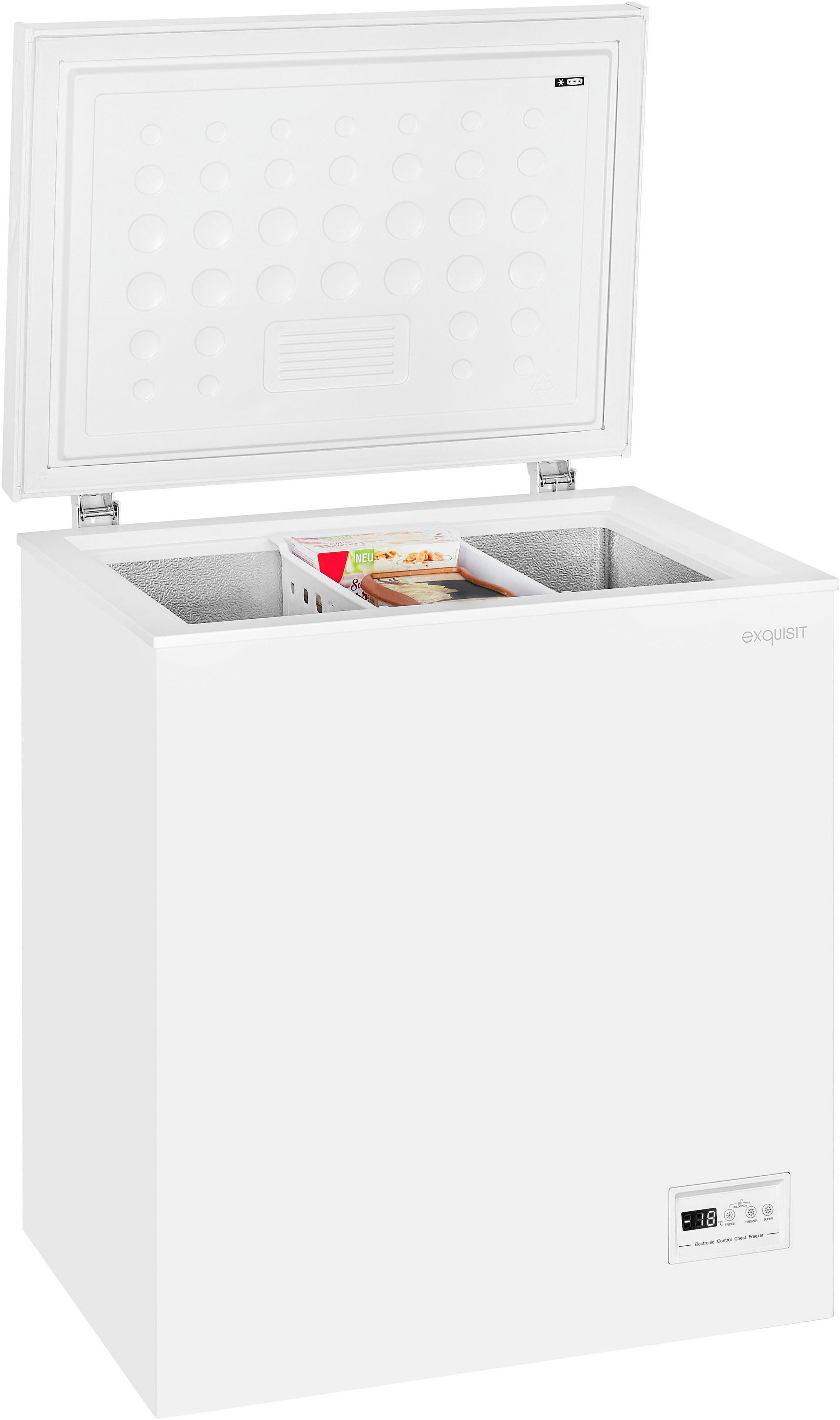 exquisit Gefriertruhe GT150-E-041E weiss, 70,5 cm breit, 142 l, 2‑in‑1 Gefrier- & Kühltruhe mit LED, individuell einstellbar