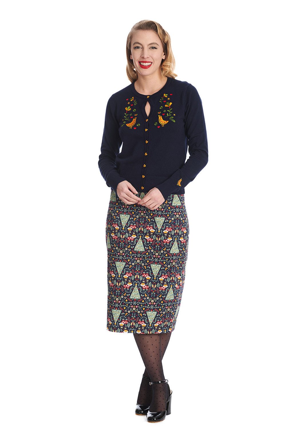 Banned Strickjacke Heritage Birdy Cardigan Blau Rockabilly Vintage Cardigan – Bild 4 von 4