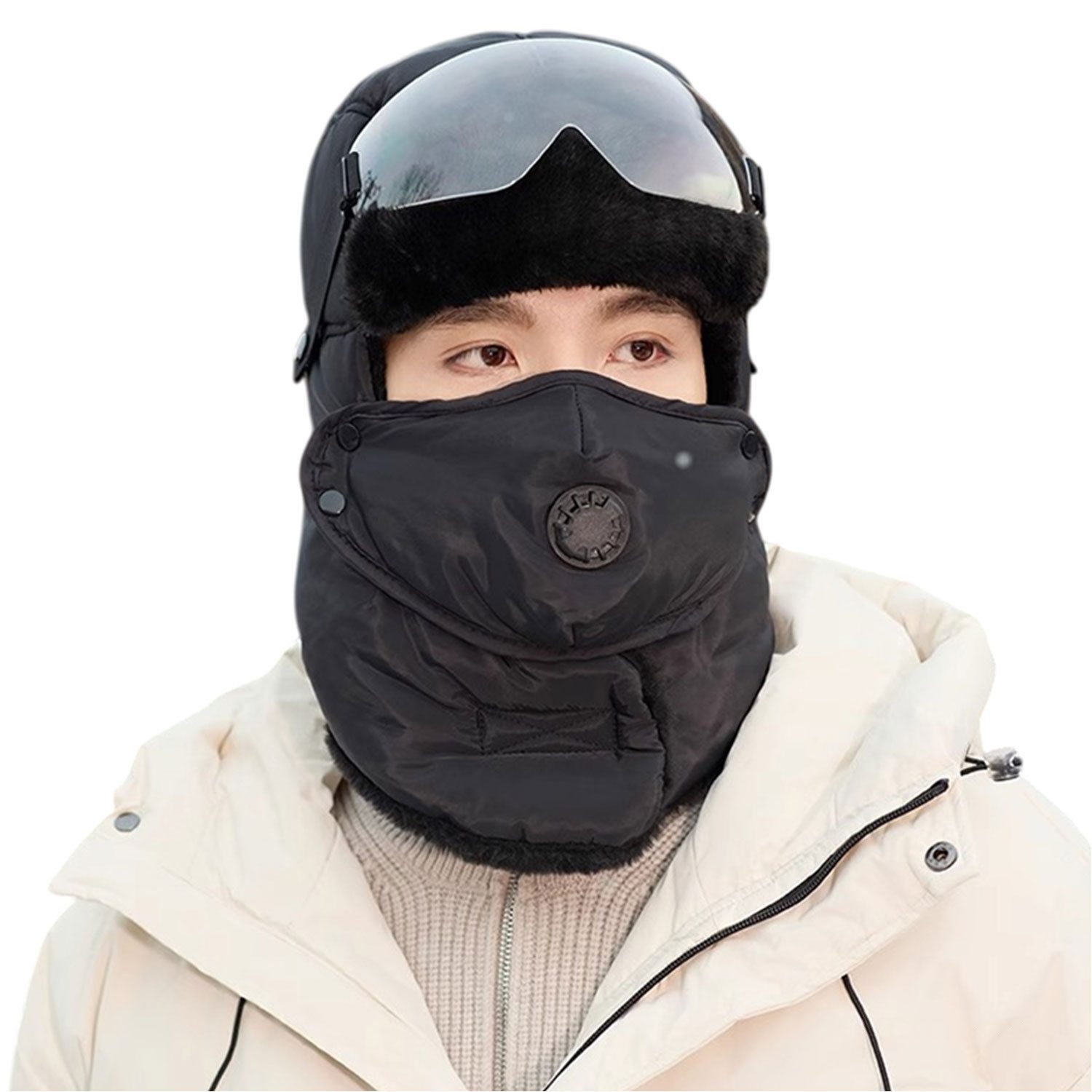 Ohrenmütze Abnehmbar Fellimitatmützen,Sturmhaube mit Sie Maske und Schutzbrille