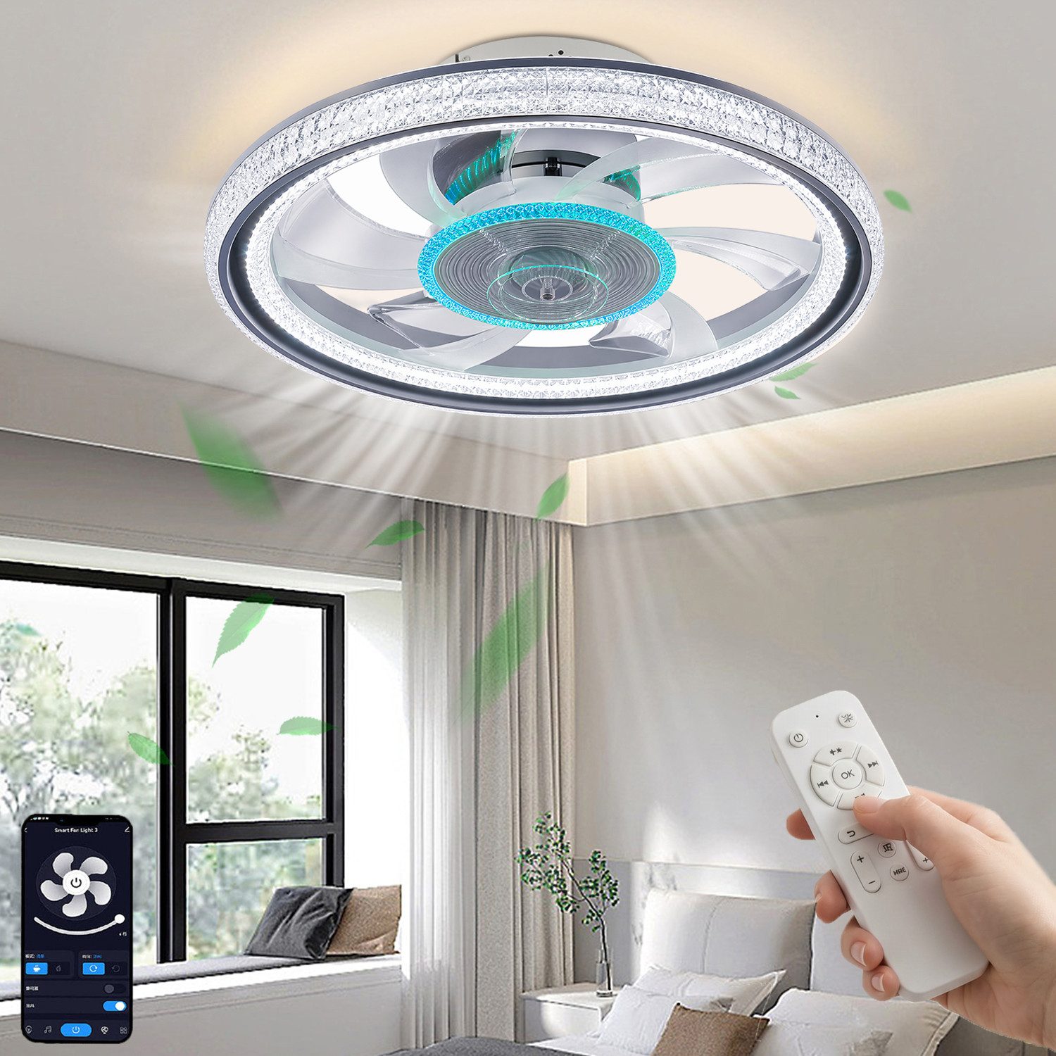 oyajia Deckenventilator 70W Leise Deckenventilator,Kristall Deckenleuchte RGB Farbwechsel 50cm, APP Dimmbar LED Deckenventilator Leuchte für Schlafzimmer Küche Hotel