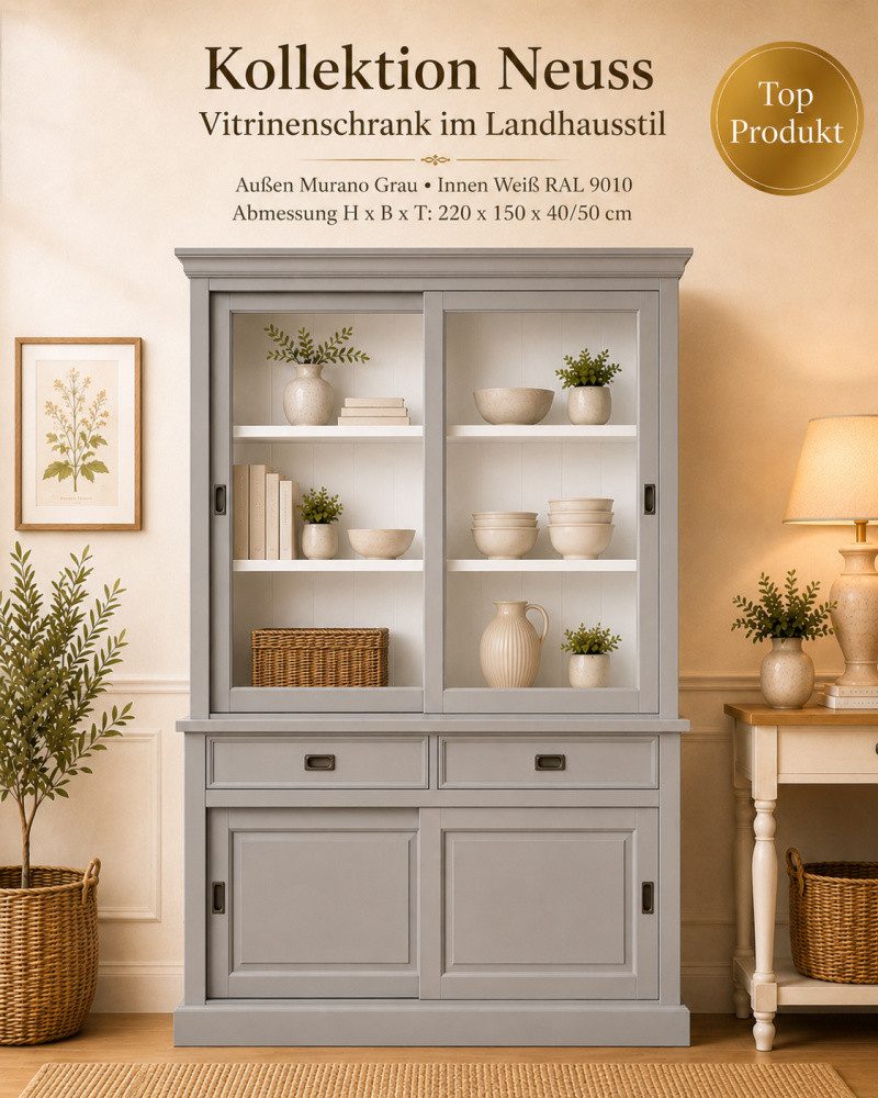 Wohnpalast Vitrine Vitrinen Schrank Neuss 150 cm Murano/Weiß - Buffet Schrank mit Schiebe